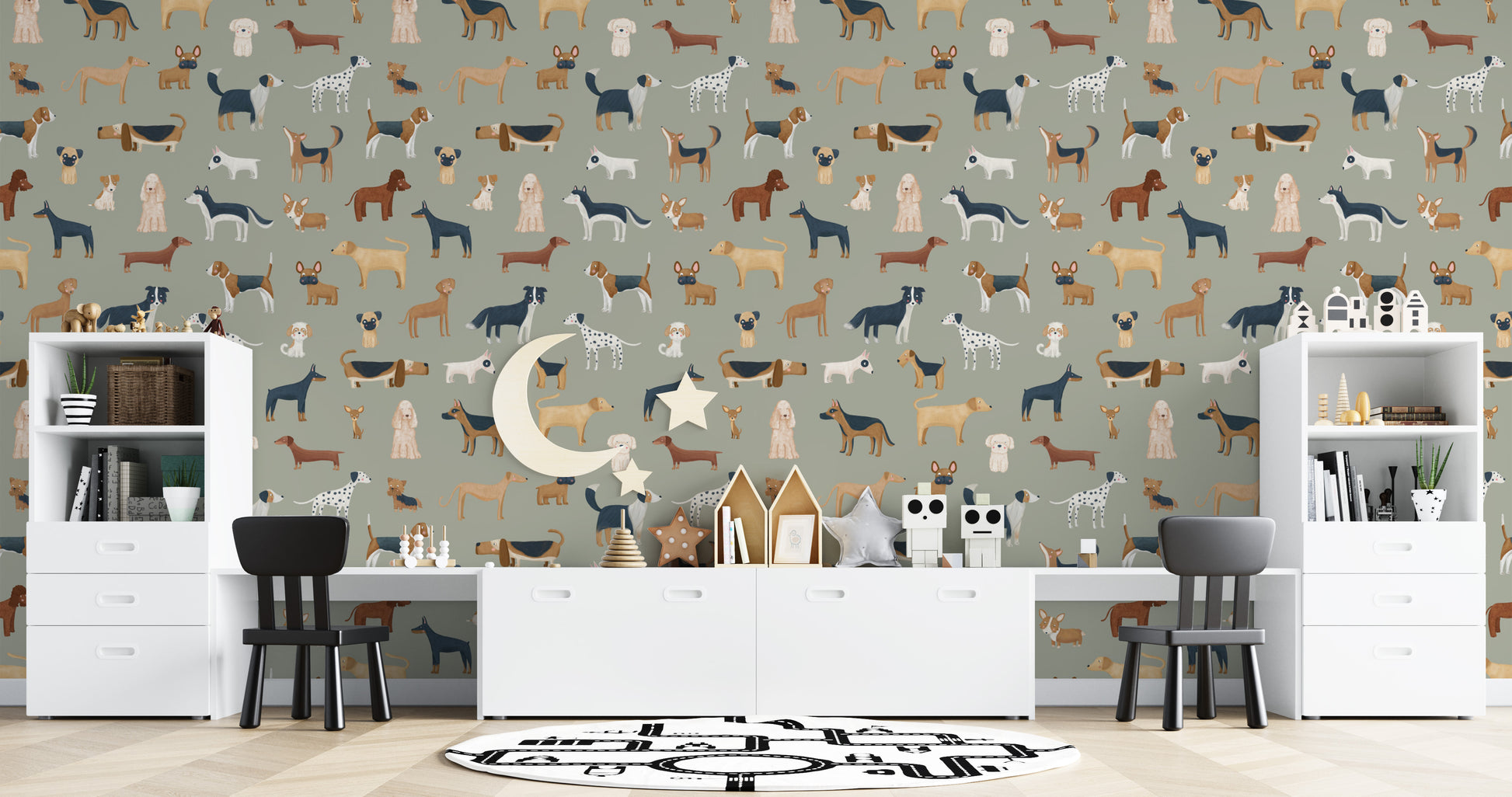 Whimsical dog pattern for children’s walls
