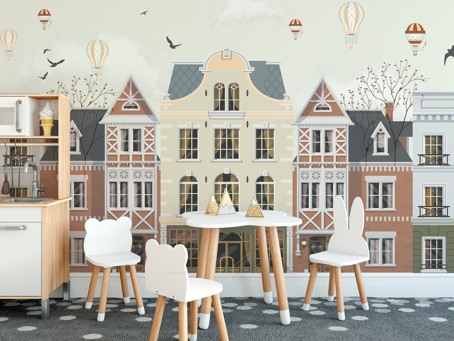 Vibrant townscape and vintage balloons wallpaper for decor.