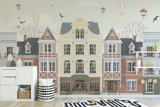 Charming vintage townscape balloons wallpaper mural for walls.