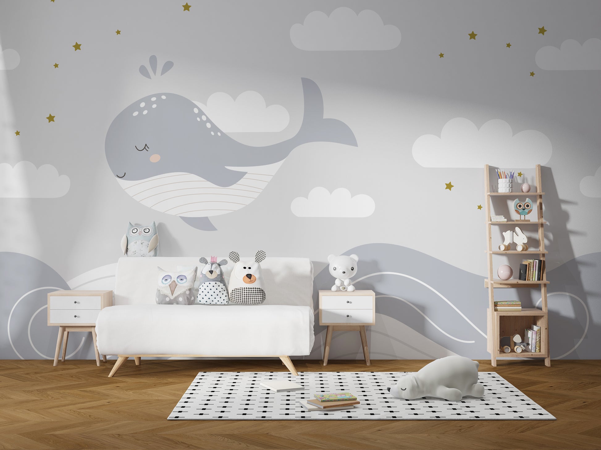 Enchanting whale mural with gold stars