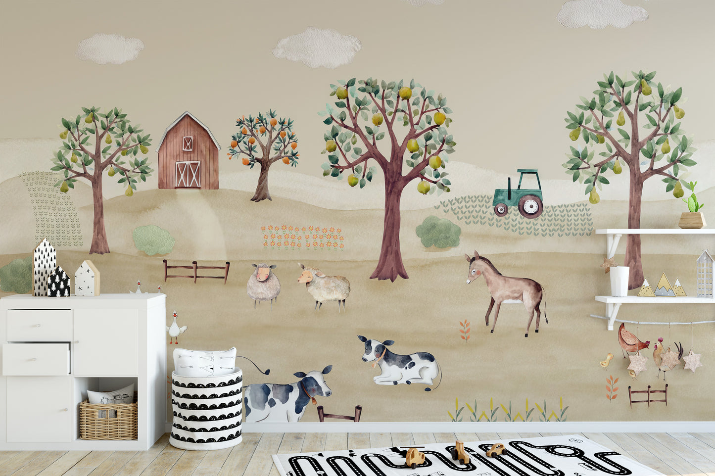 Barnyard wall mural with peaceful farm animals and greenery.