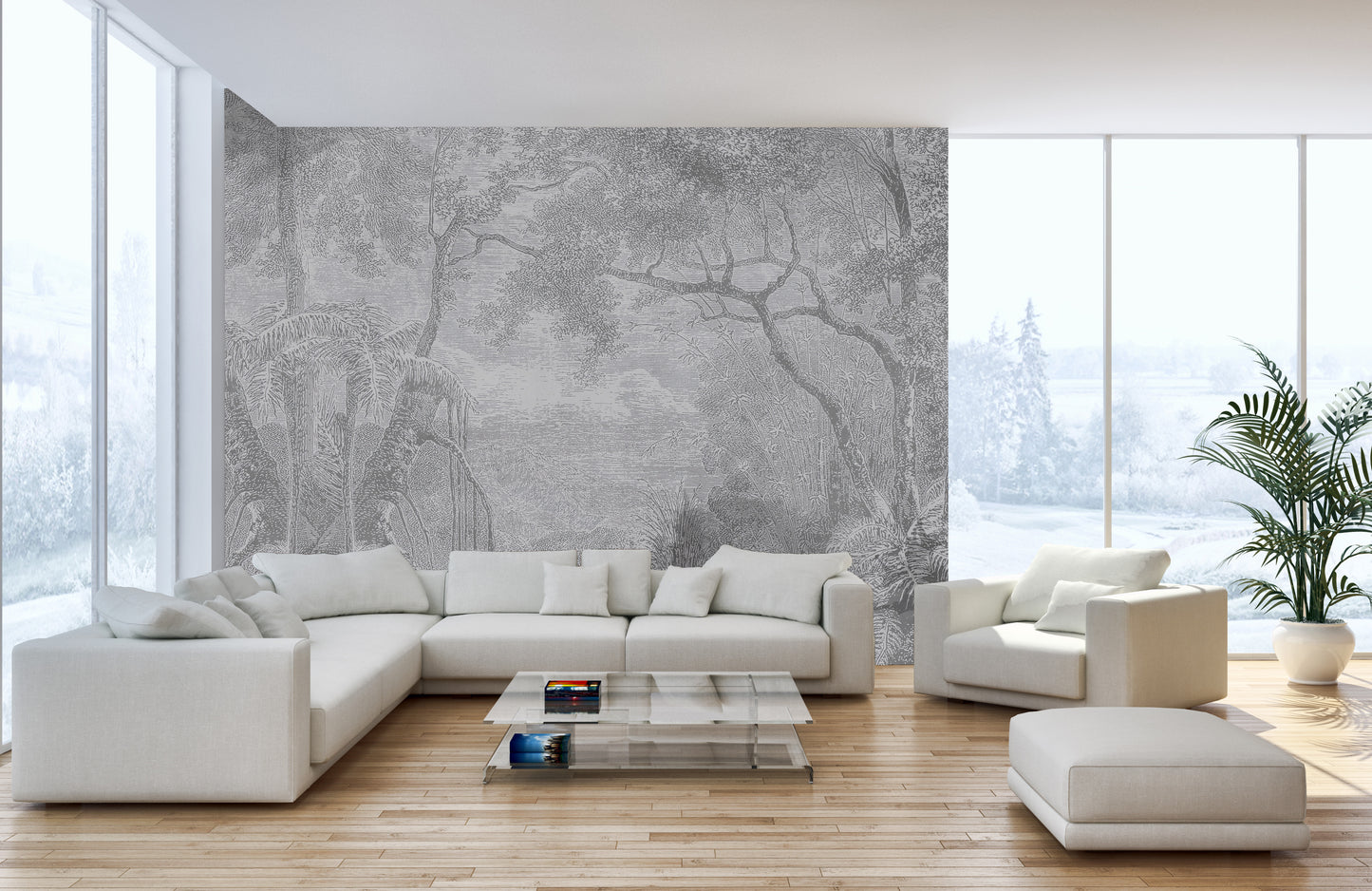 Gray Color Sketch Forest Wallpaper Murals for a Natural Look