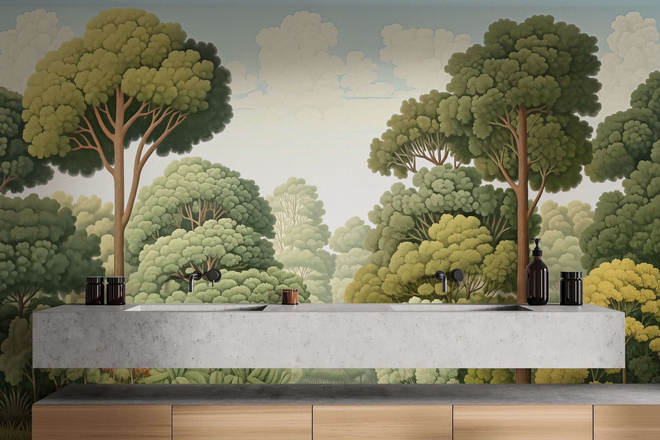 Timeless green natural woodcut forest wallpaper for a rustic yet modern vibe.
