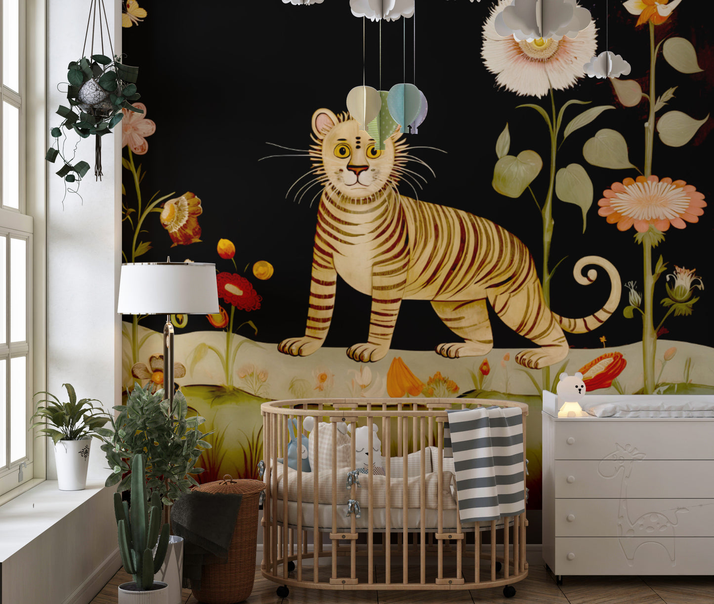 Unique Tibetan flower tiger mural wallpaper for a vibrant, artistic touch.