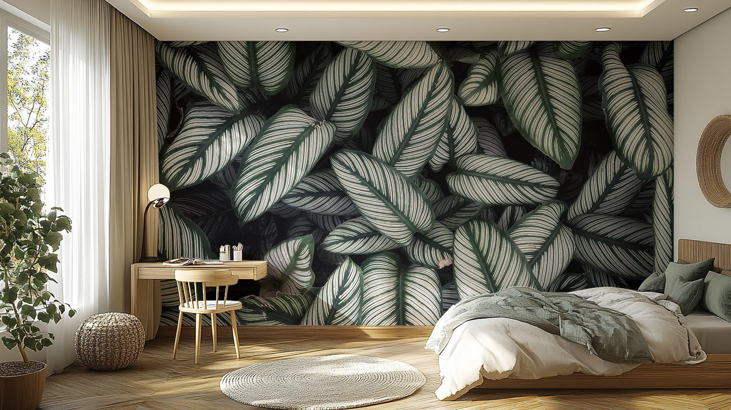 Green White Leaves Wallpaper Mural