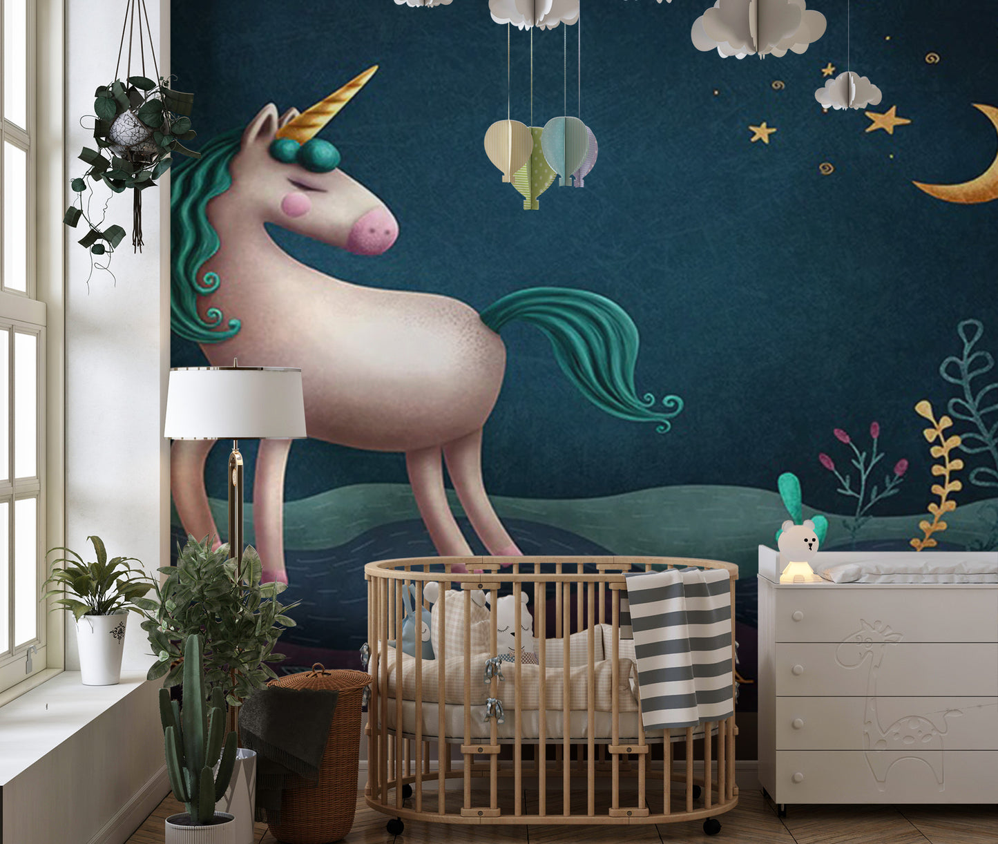 Blue & Green Night Unicorn Kids Nursery Wallpaper Mural design
