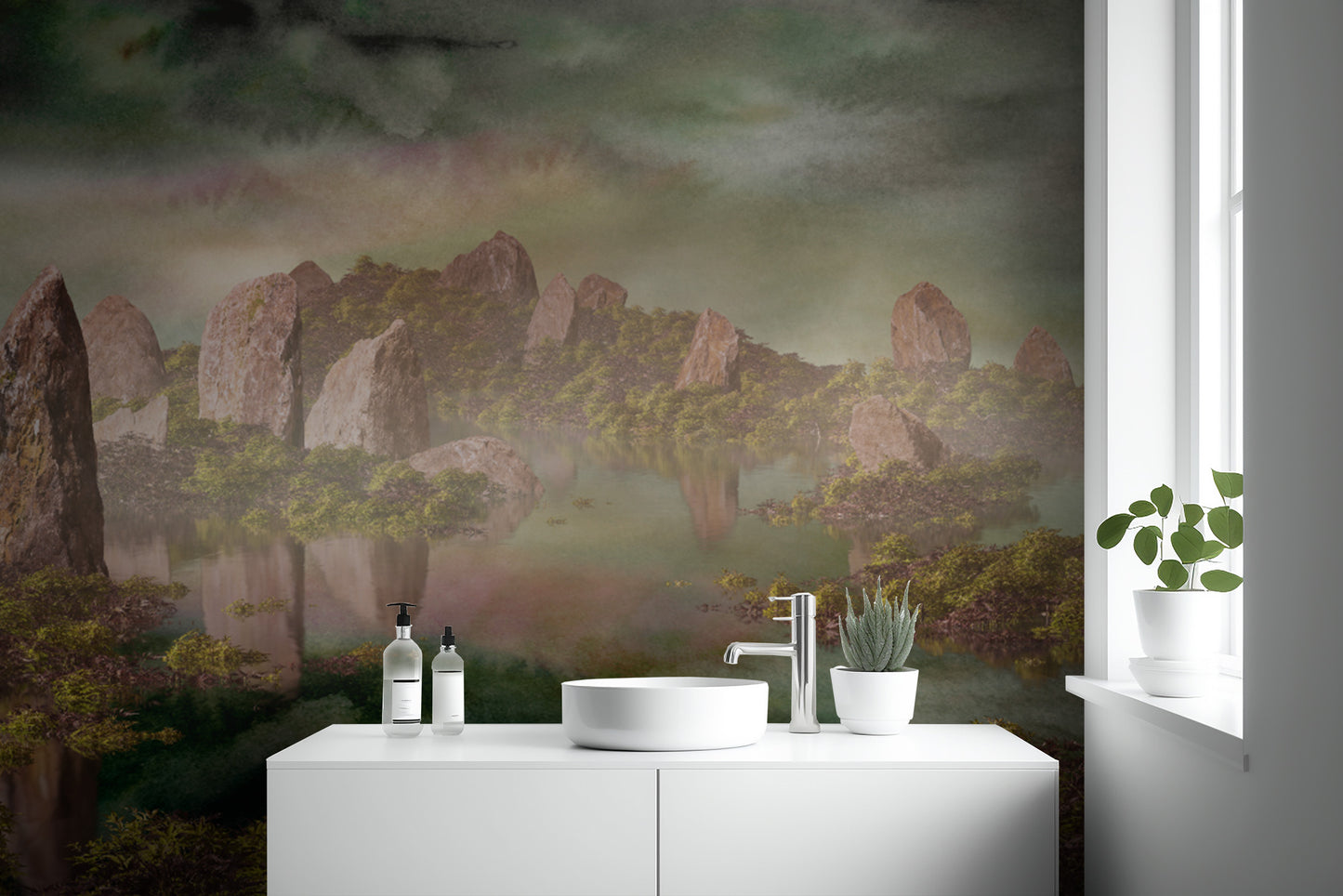 Dramatic Chinese Landscape Green Wallpaper Murals