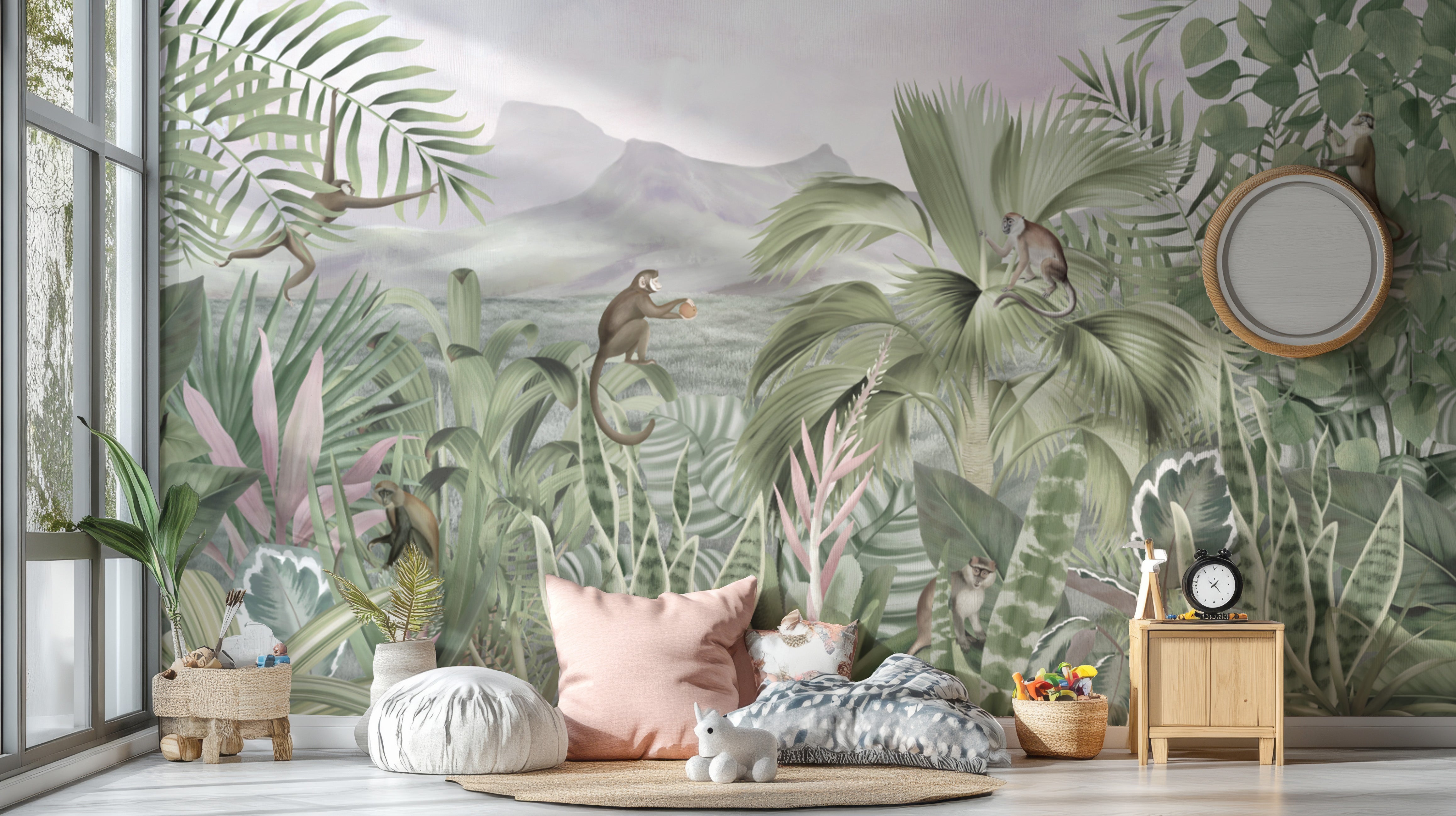 Safari-inspired jungle wallpaper mural with monkeys
