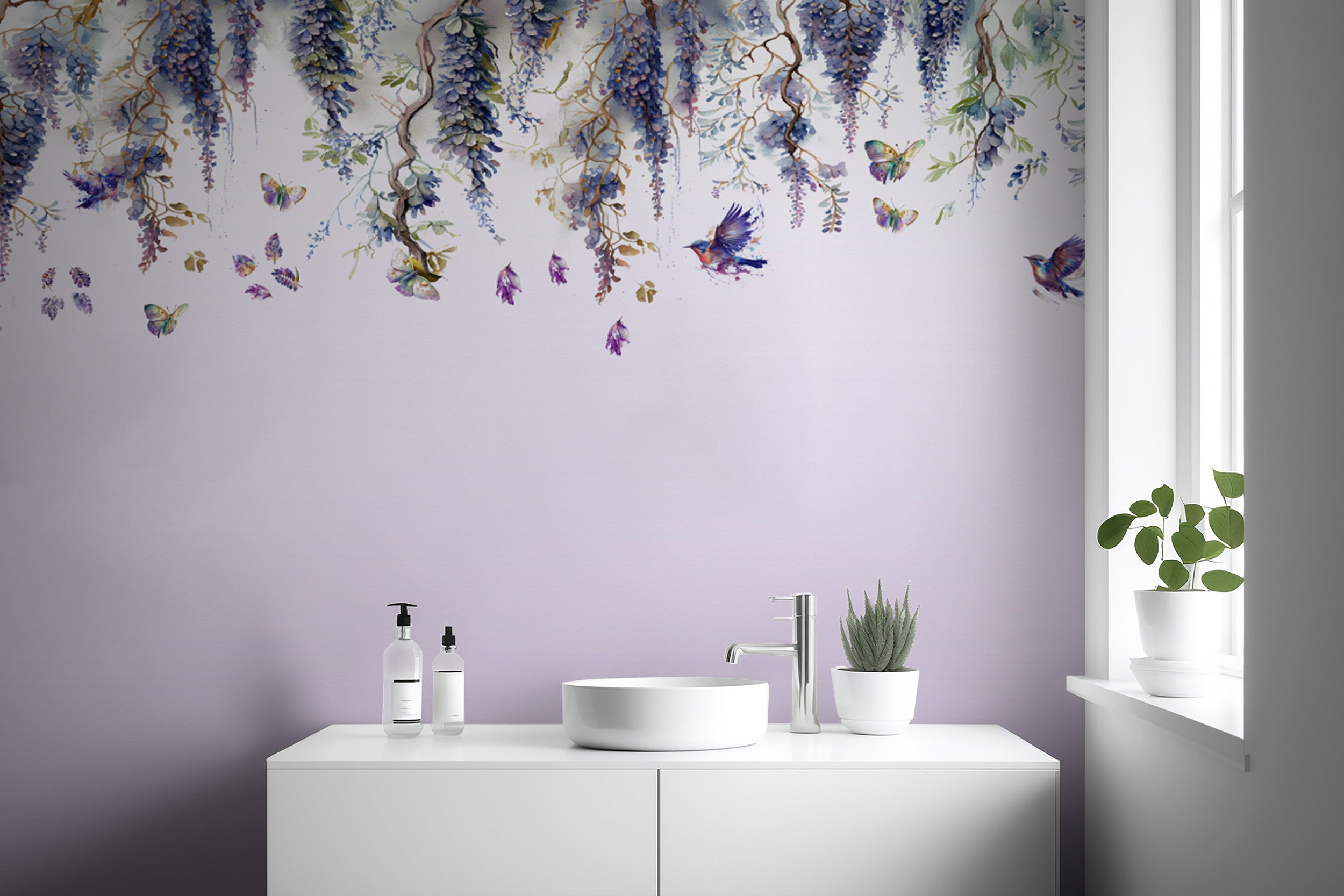 Bring the beauty of wisteria indoors with purple wallpaper murals.