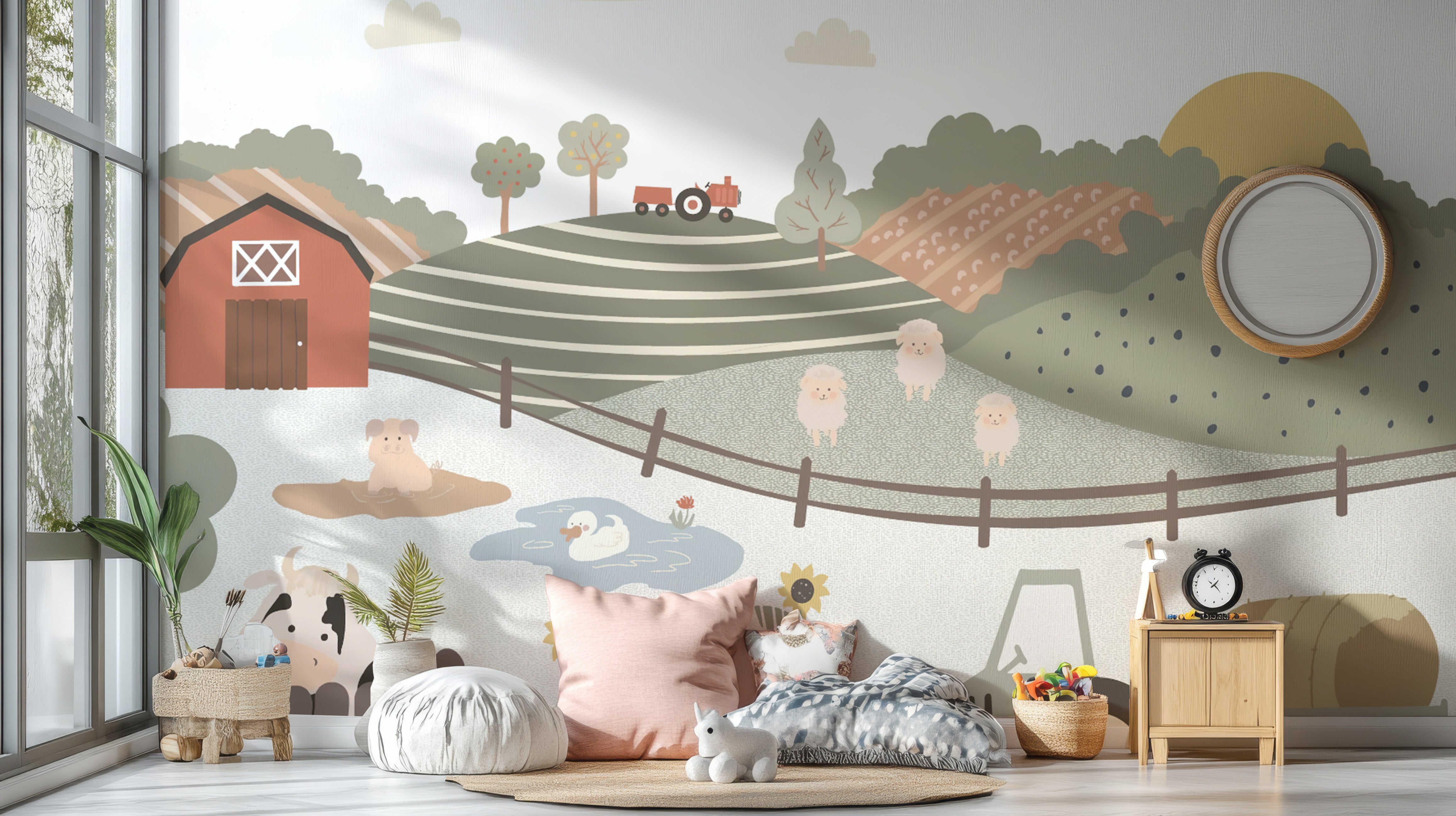 Whimsical farm animals wall mural for kids' rooms
