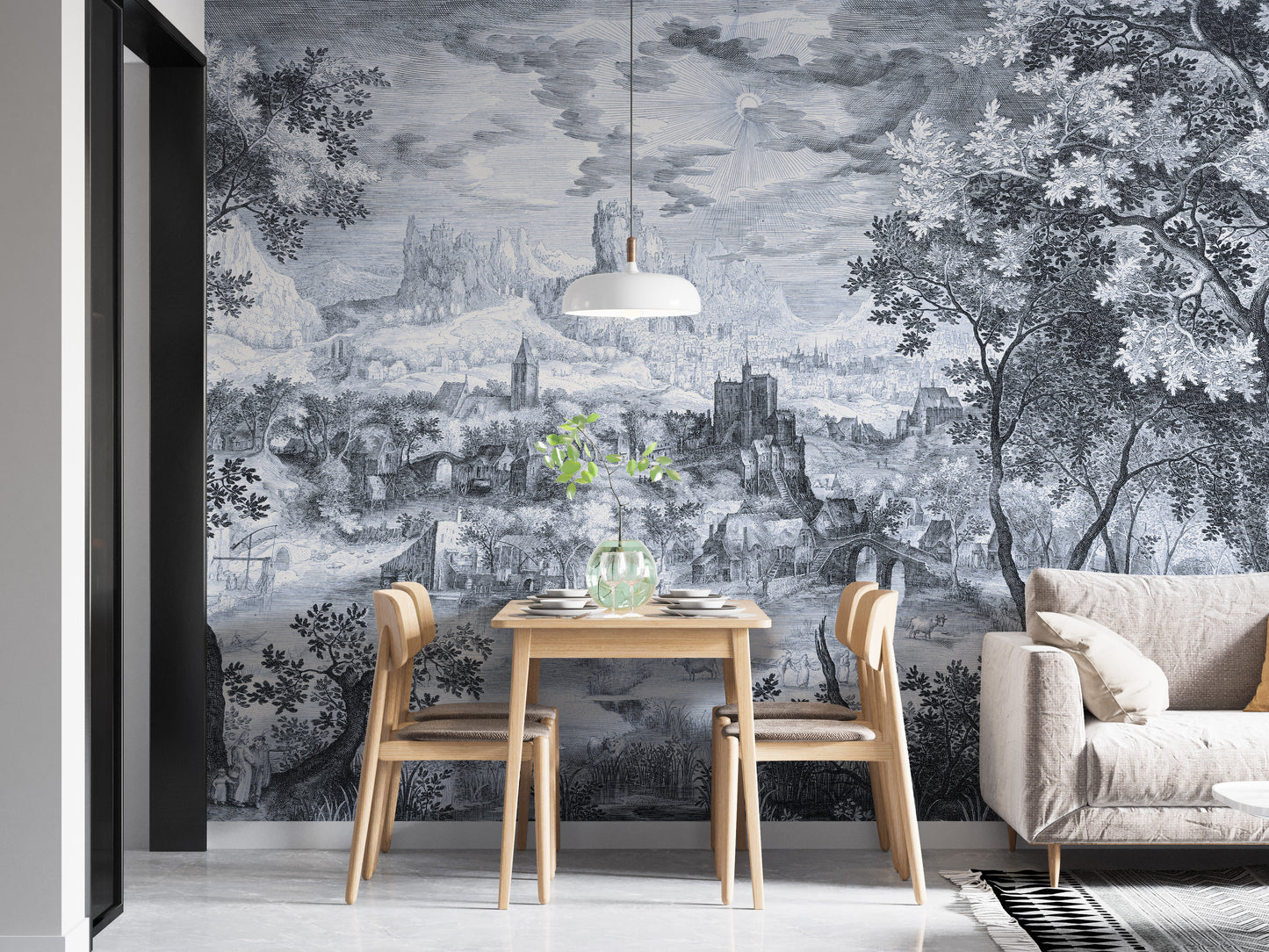 Monochrome mural wallpaper of a village view
