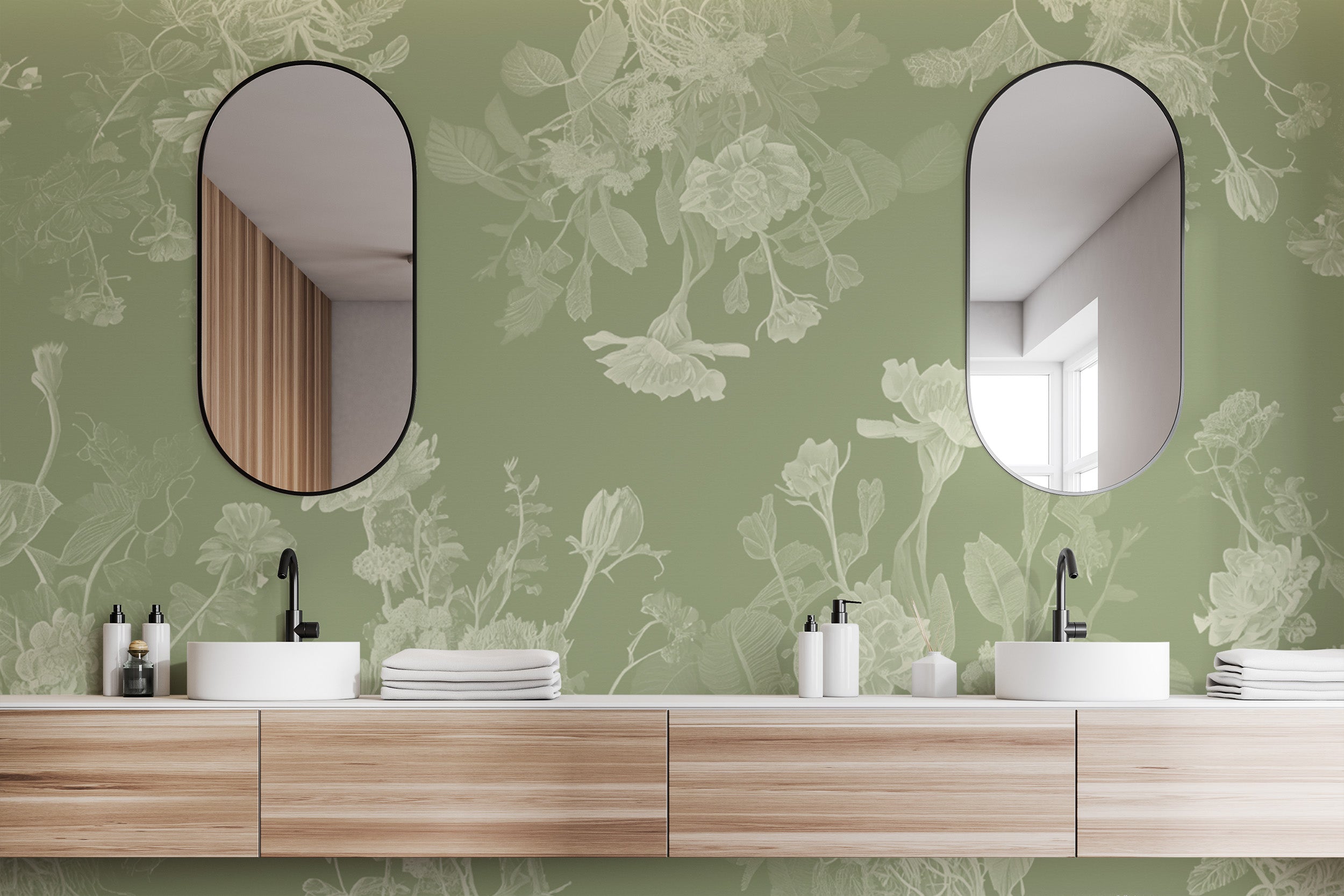 Nature-inspired green floral wallpaper mural for a peaceful setting.