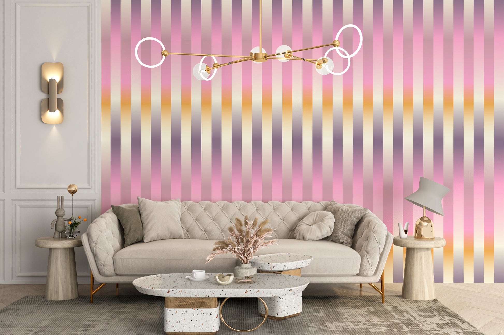 Modern wall mural with soft lilac blurred stripes