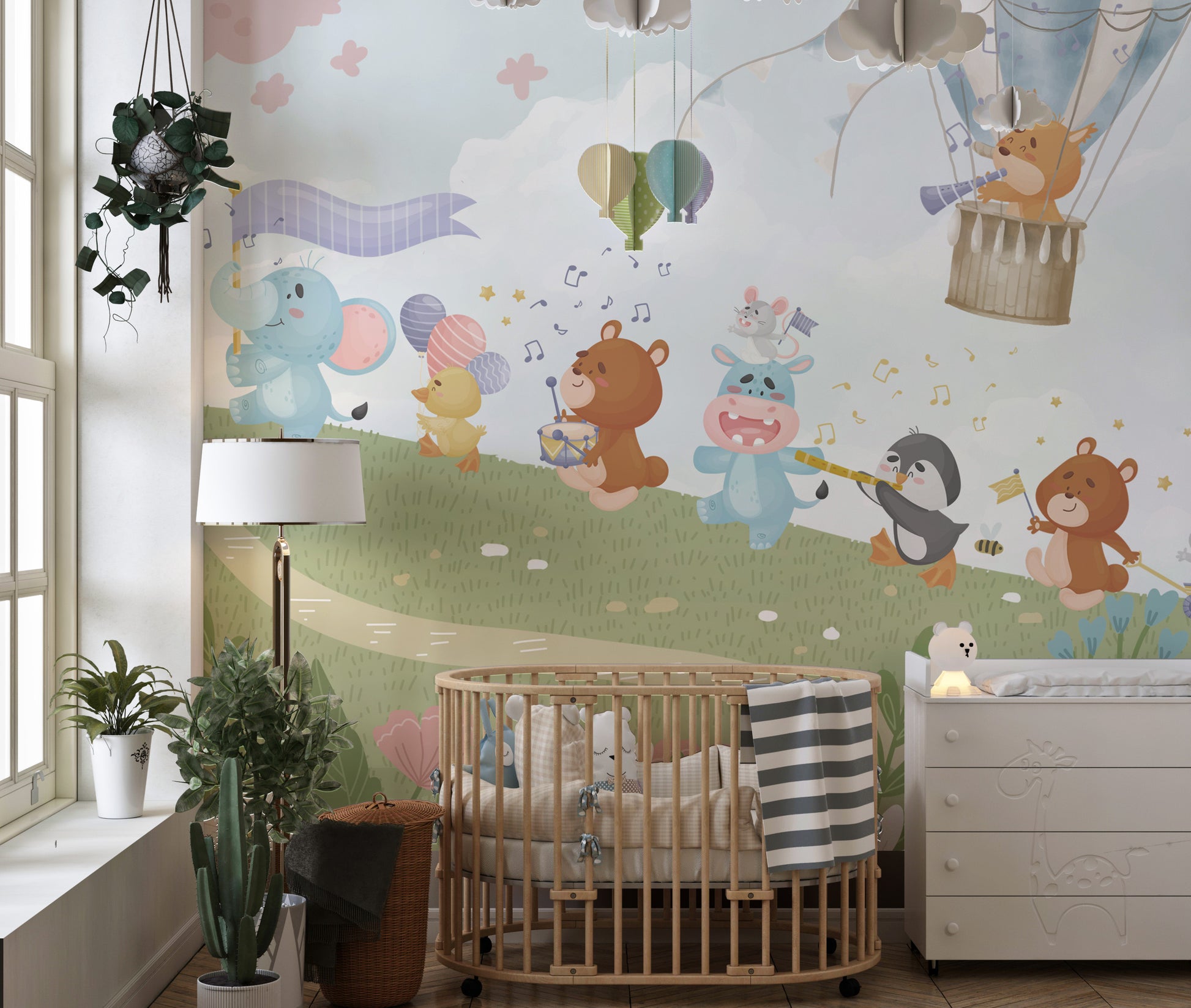 Whimsical animals in a musical wallpaper mural design