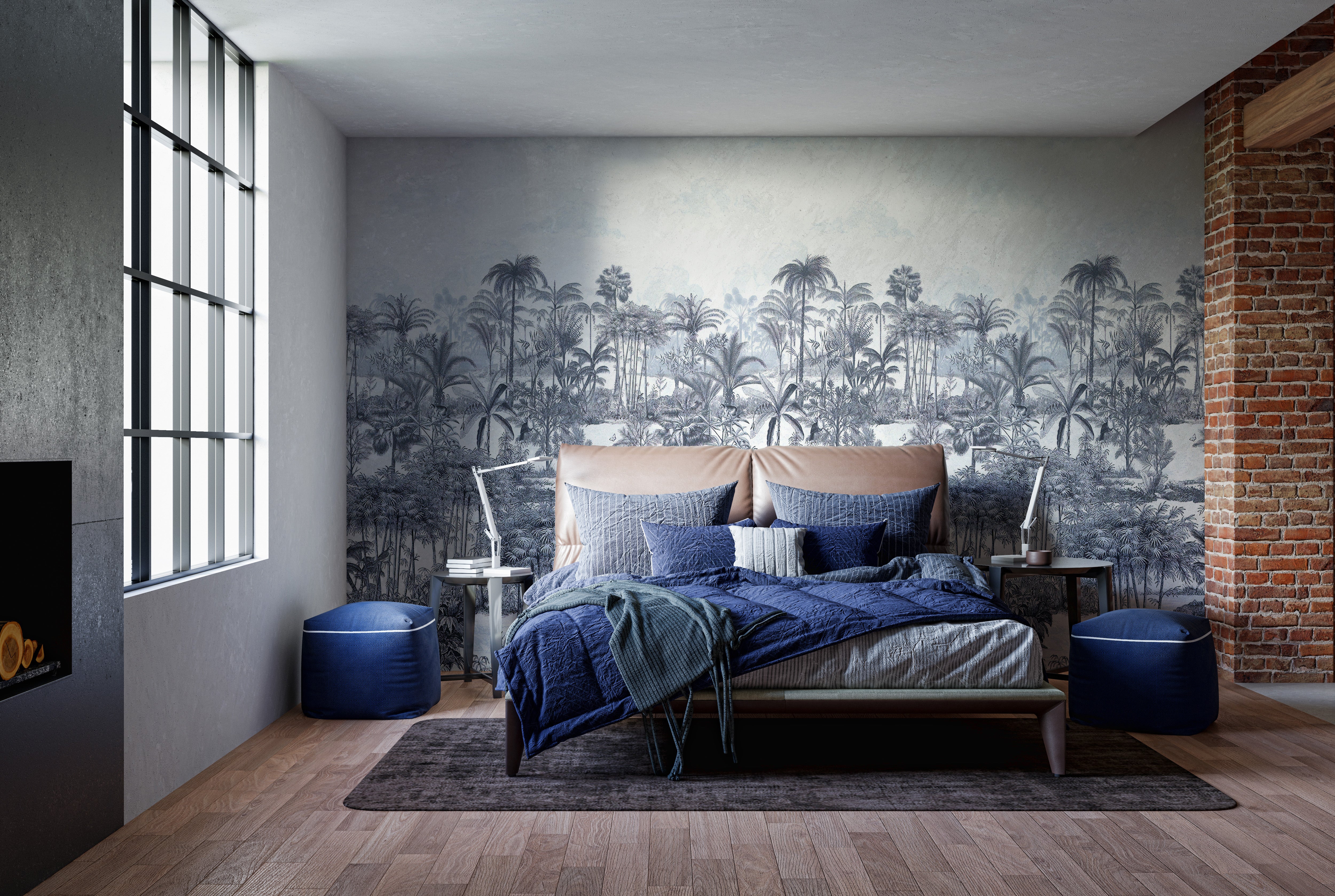 Vibrant palm tree wall mural with blue shades
