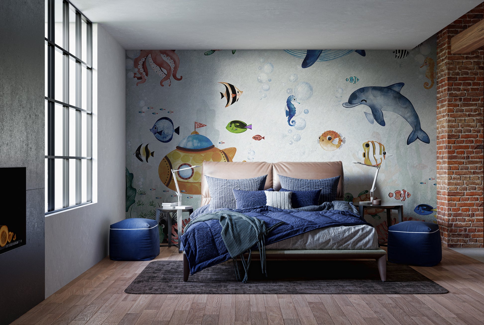 Dreamy underwater whales wallpaper mural tones
