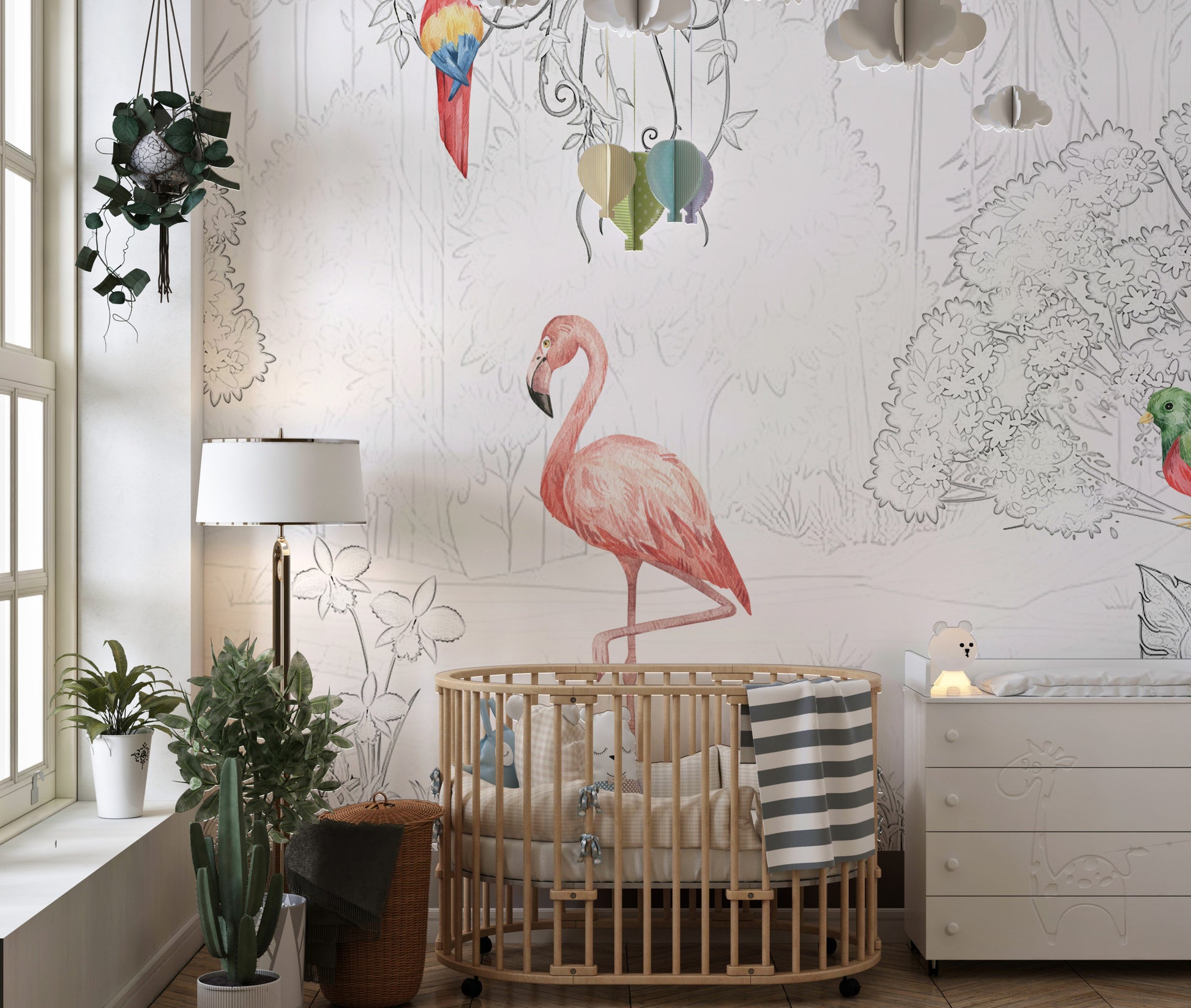 Elegant sketch-style tropical aviary wallpaper mural