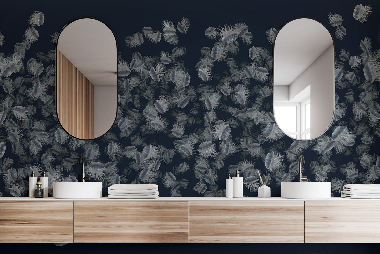 Dancing Jellyfish White on Dark Blue Wallpaper Murals