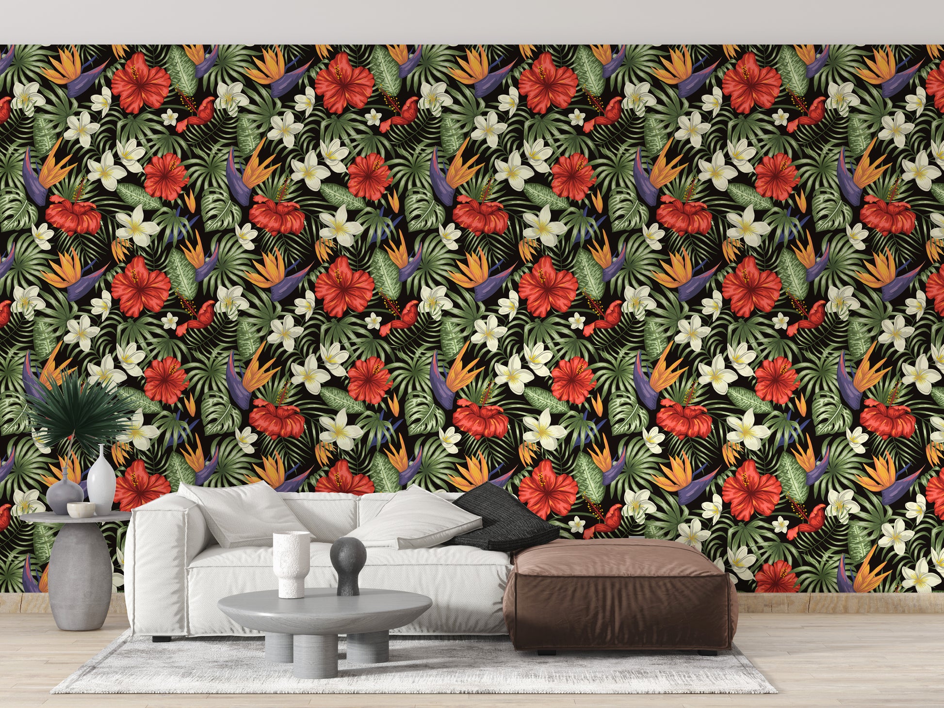 Bold paradise garden-themed wallpaper design
