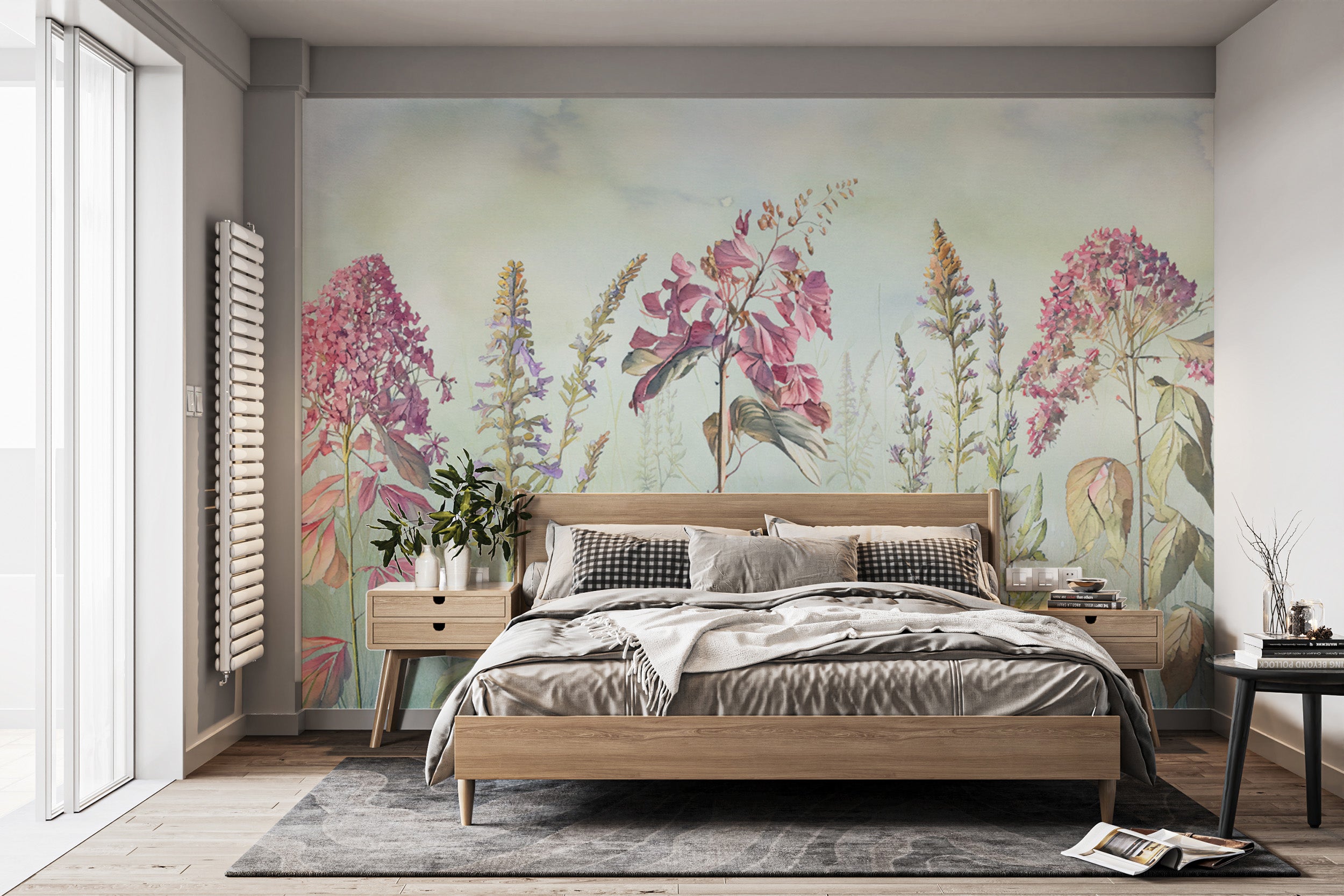 Wild flowers meadows blue wallpaper mural for a serene room ambiance.