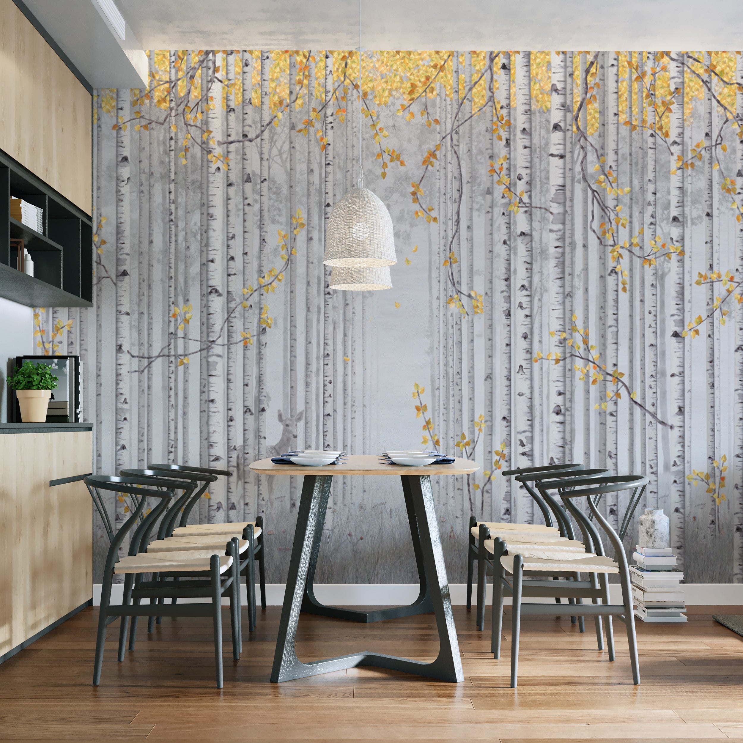 Minimalist birch trees mural with yellow leaf accents