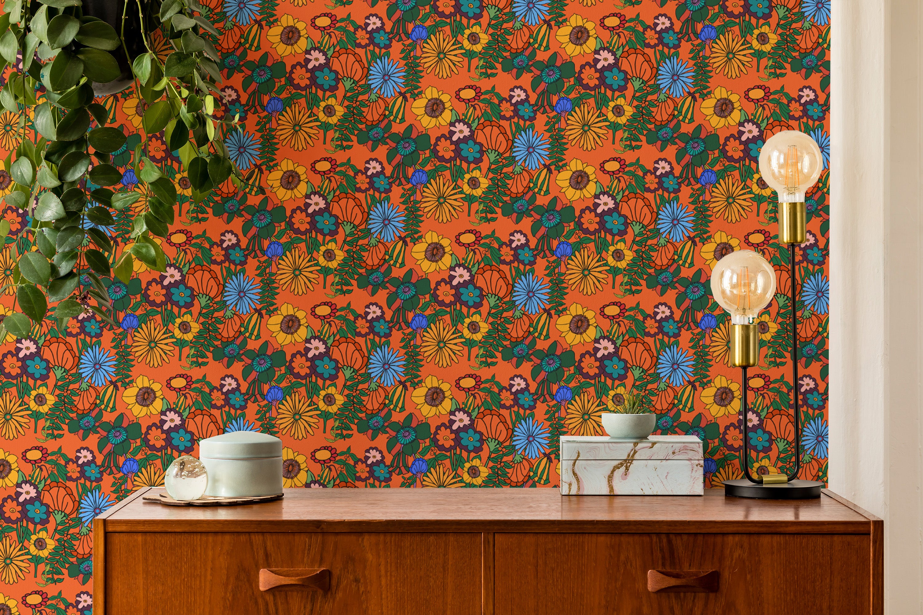 Retro 60s Floral Orange Wallpaper for vintage decor