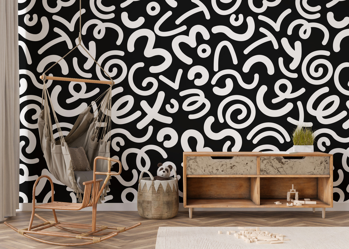 Black and White Abstract Doodle Squiggle Pattern Wallpaper