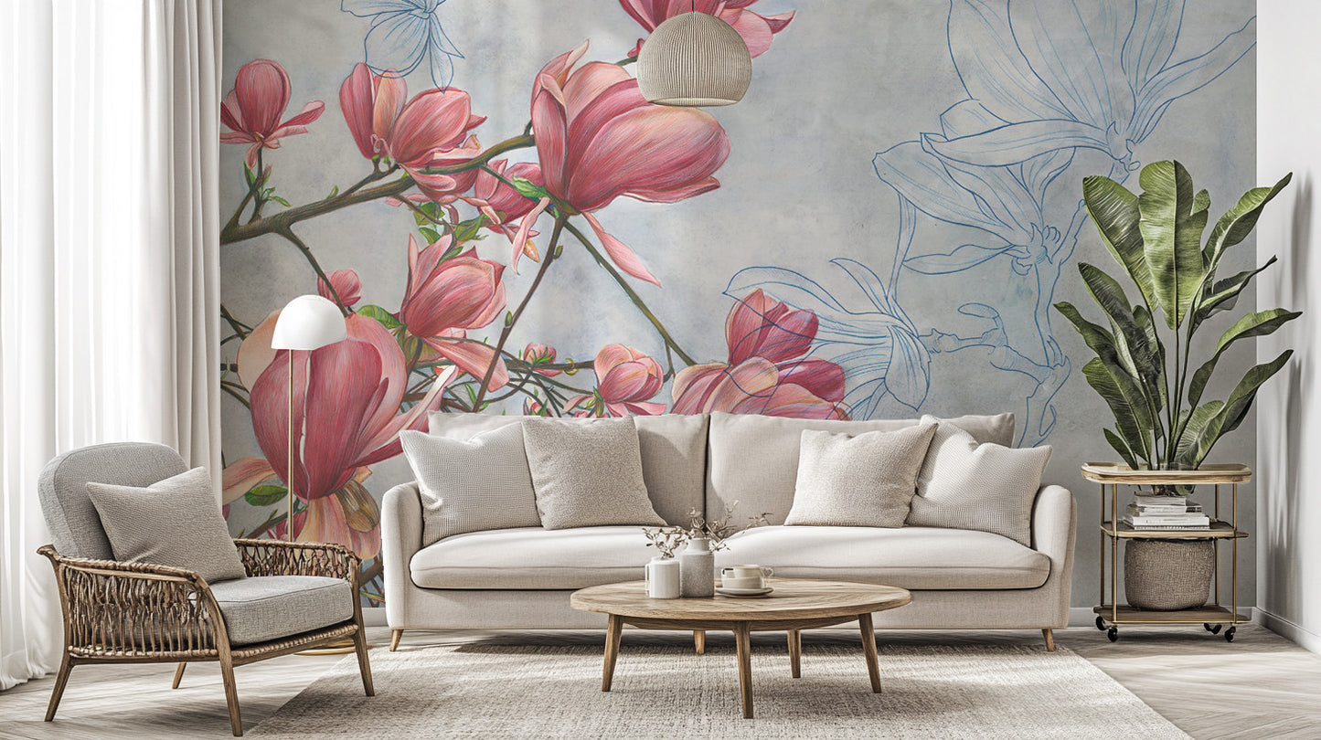 Wall mural featuring a delicate magnolia wallpaper design.
