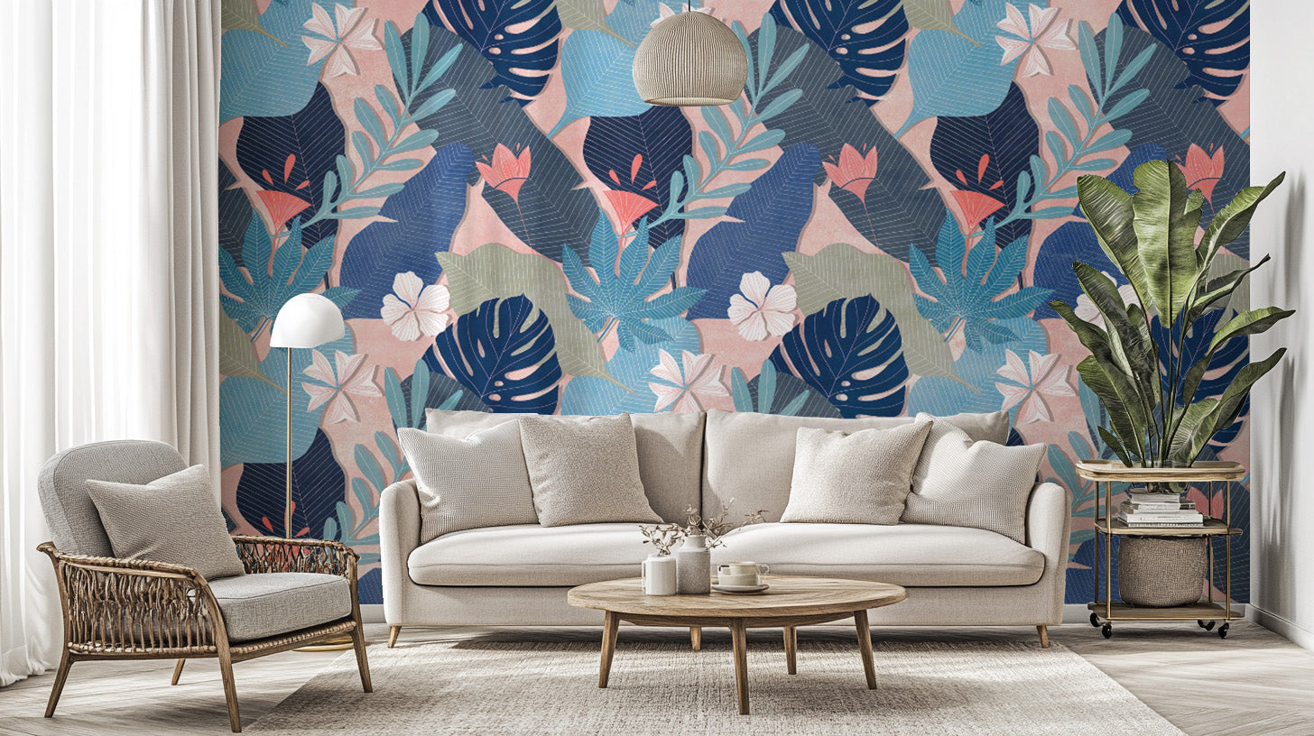 Lush foliage in a calming blue oasis wallpaper mural design.
