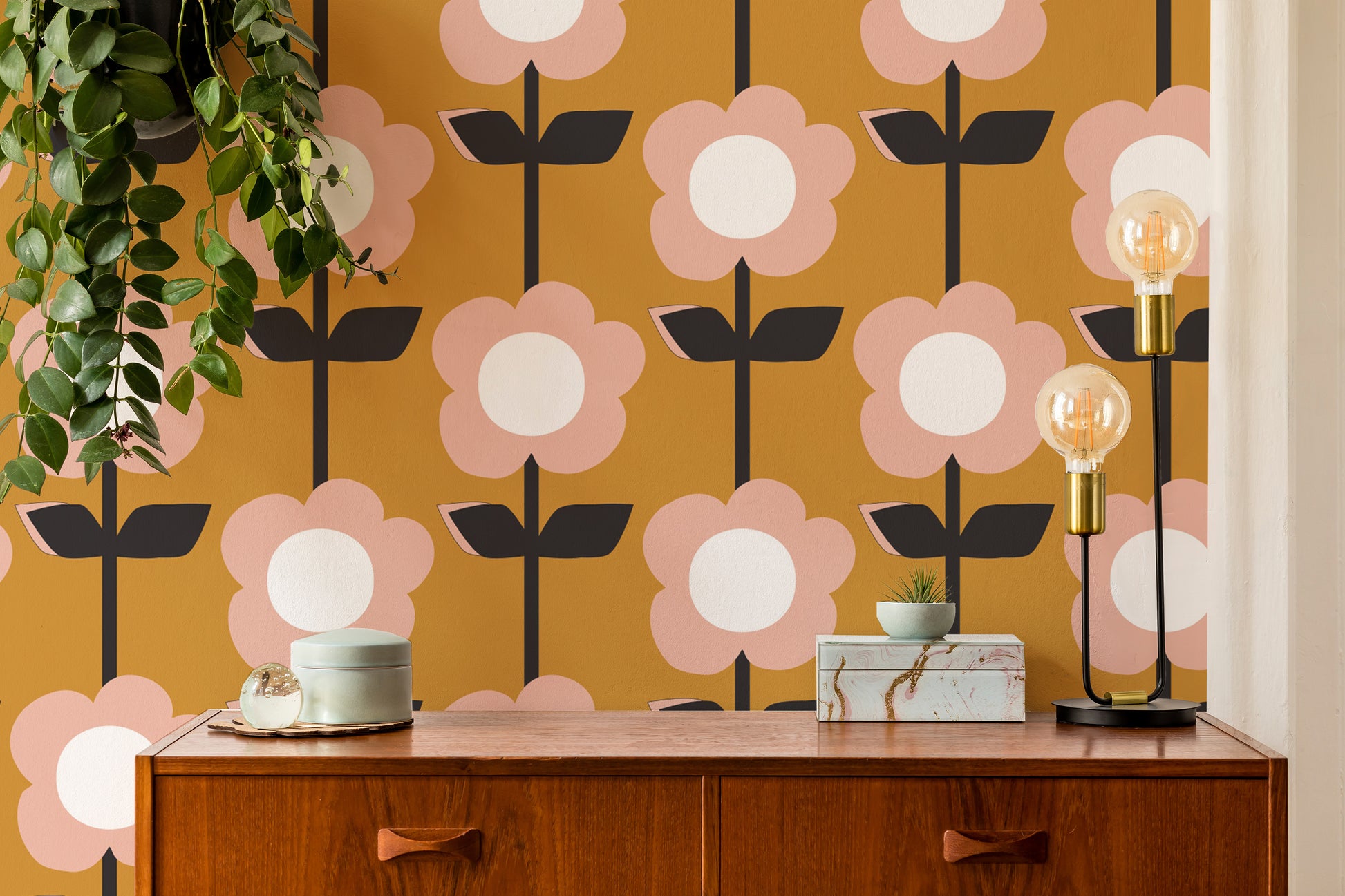 Vintage vibes with Flower Mustard Design Retro Wallpaper