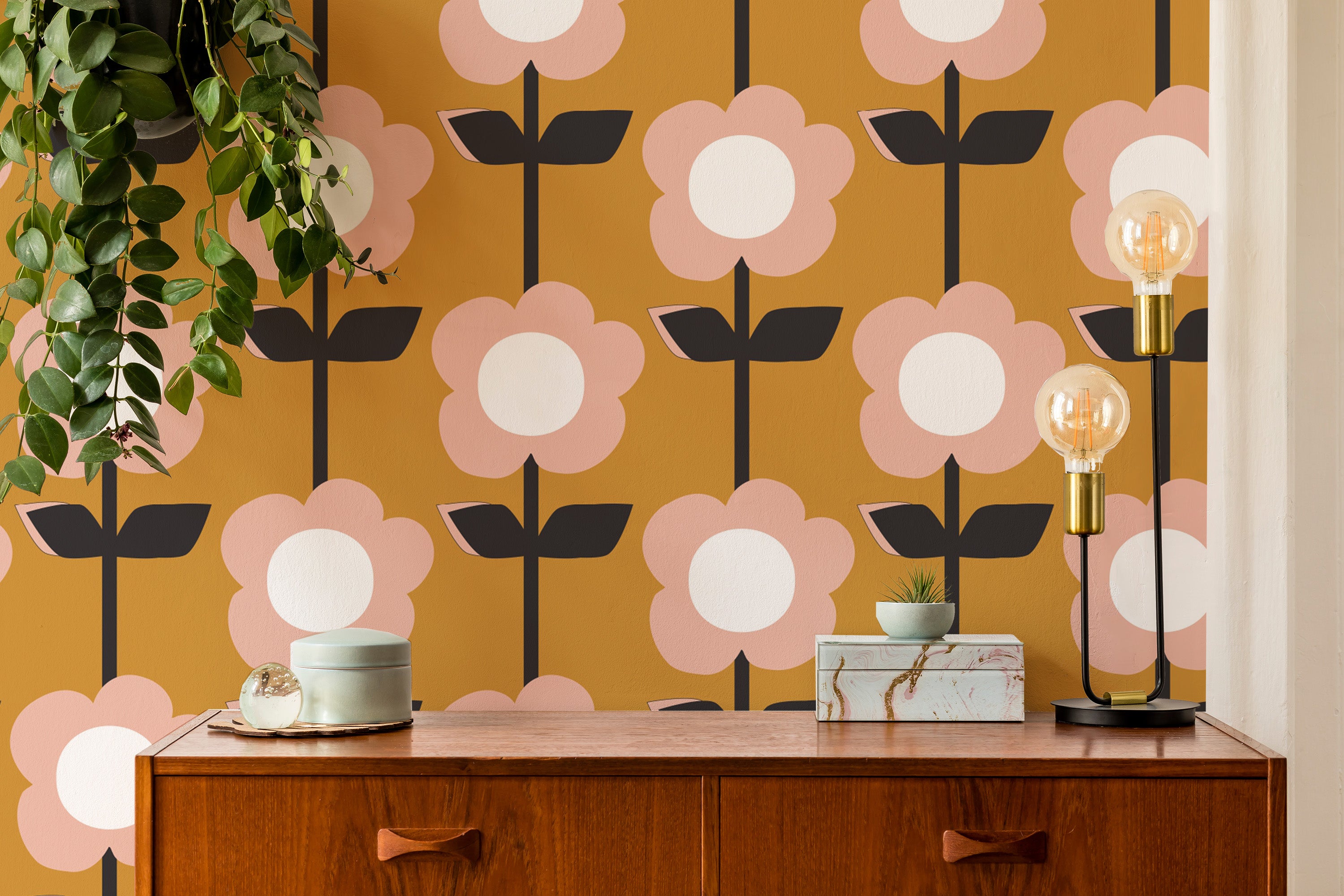 Vintage vibes with Flower Mustard Design Retro Wallpaper