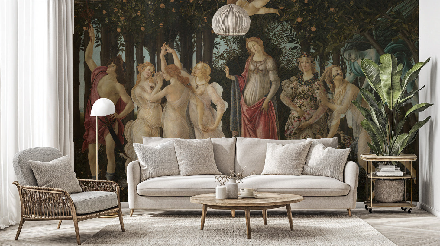 Botticelli’s Primavera mural for timeless floral elegance.
