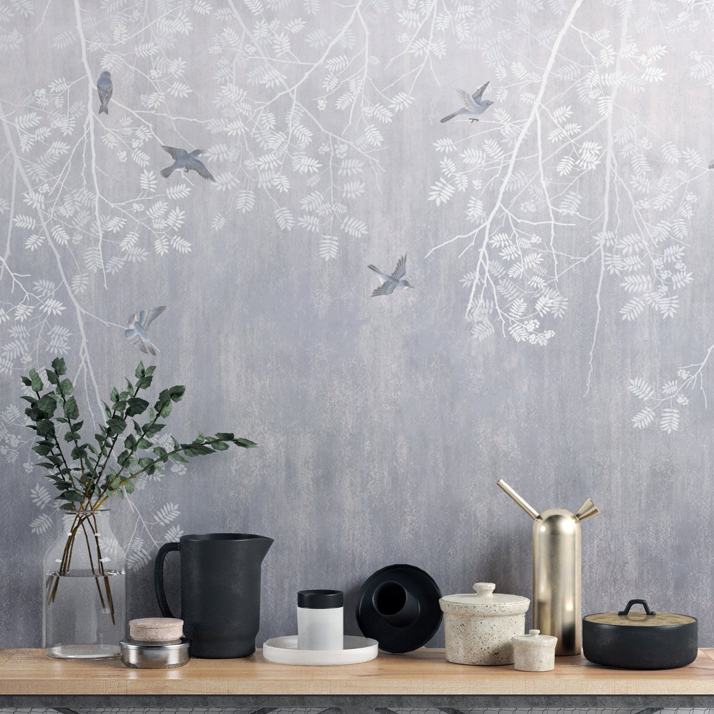 Elegant Frosted Branches Bird Mural