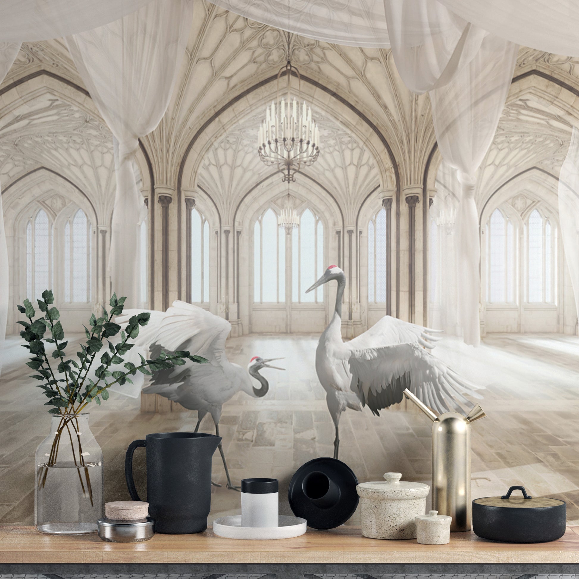 Luxury gothic interior mural featuring majestic white cranes
