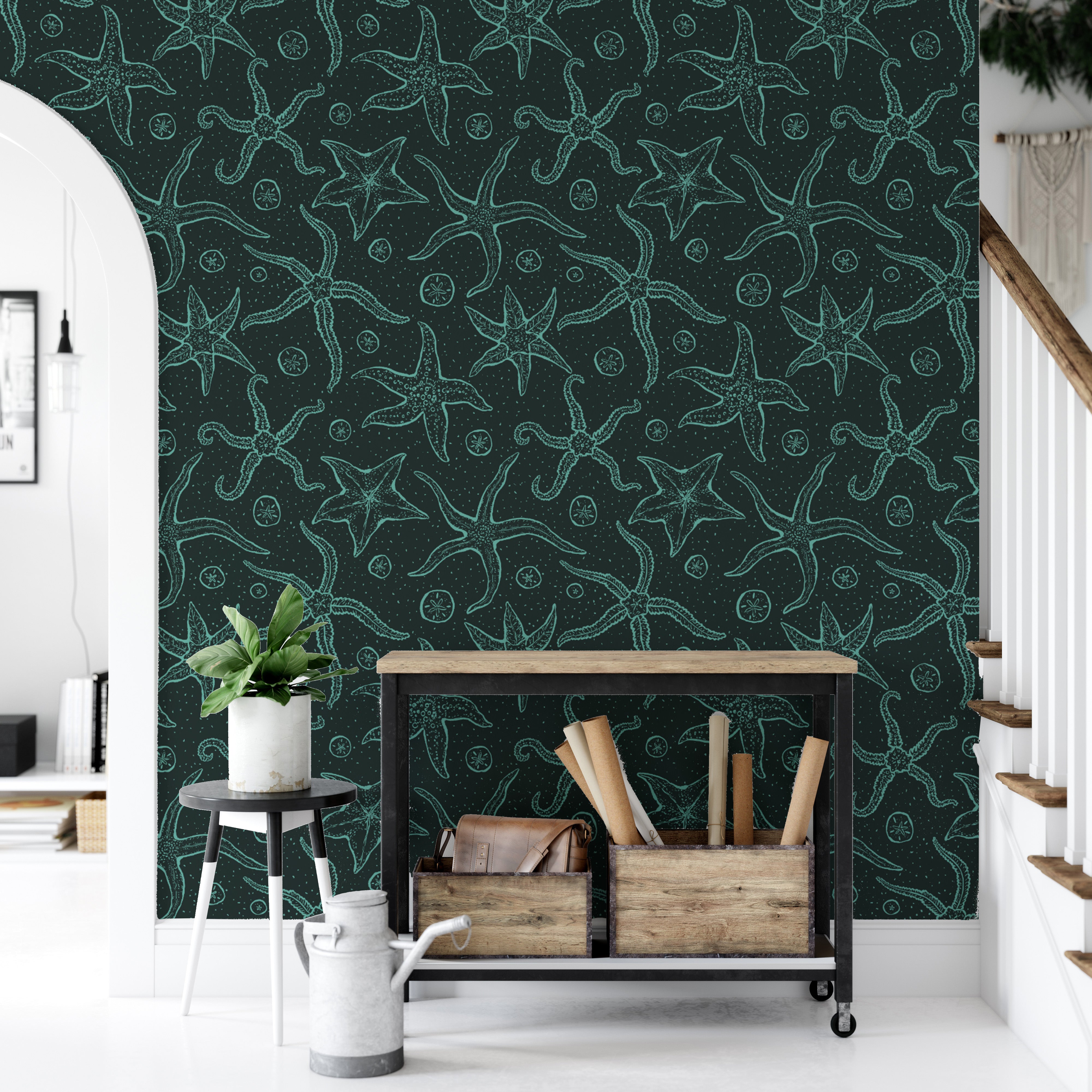 Nature-inspired dark blue echinoderms wallpaper for serene spaces.
