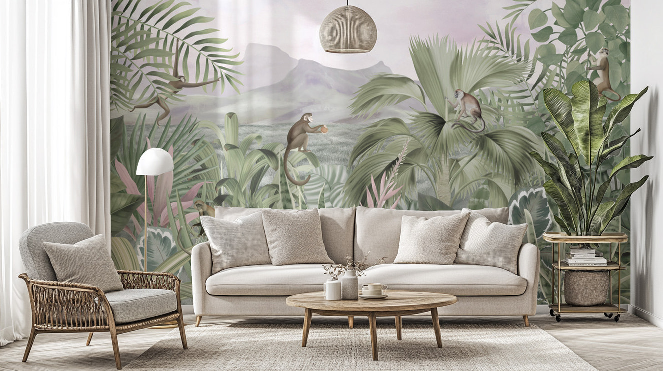 Playful monkeys in a tropical jungle wallpaper mural
