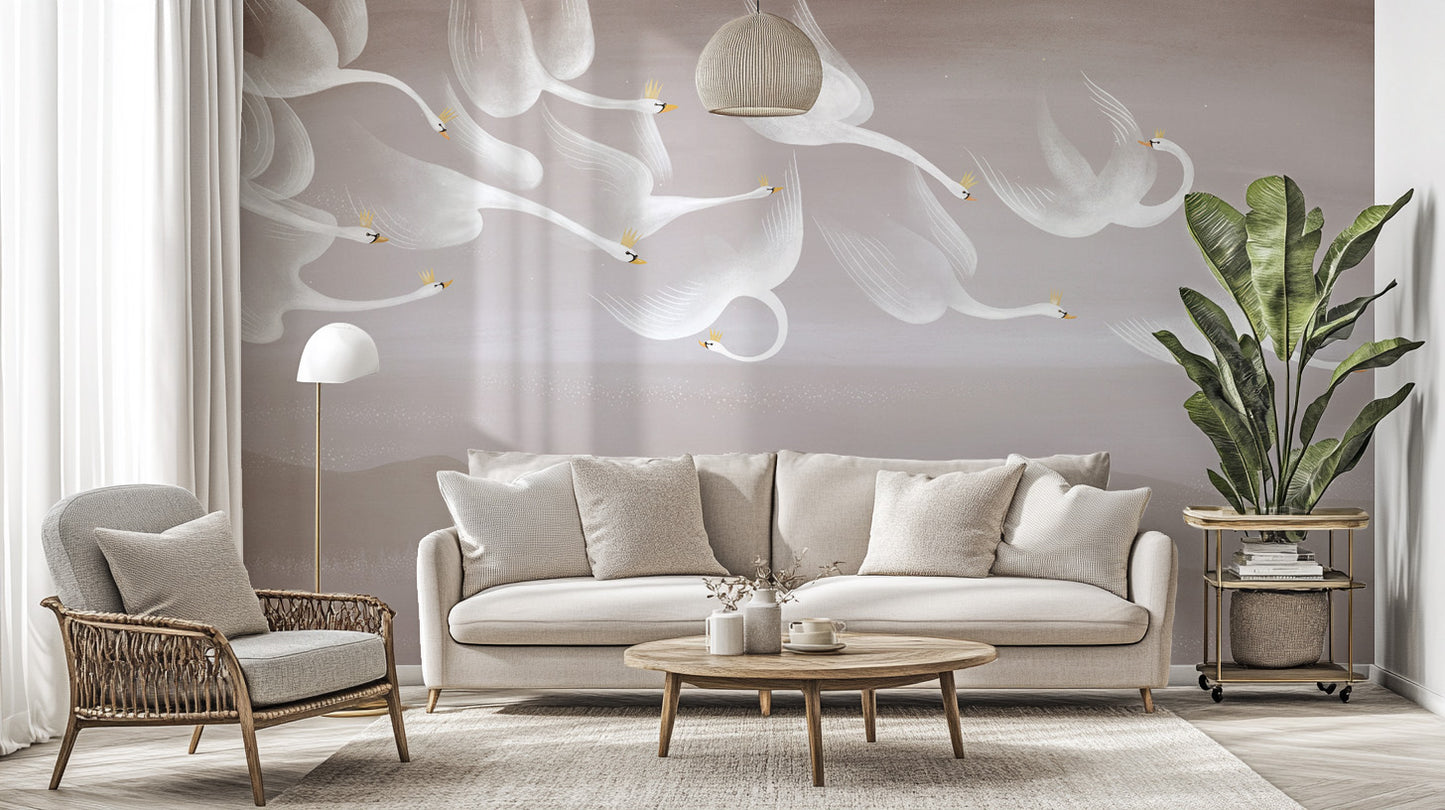 Elegant flying swans wall mural with golden crowns
