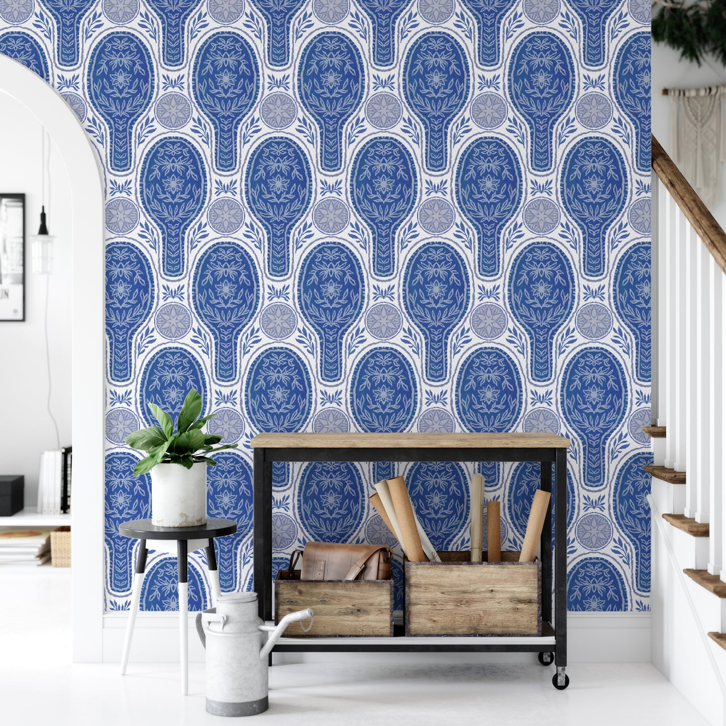 Unique blue floral rockets wallpaper for a creative wall design.
