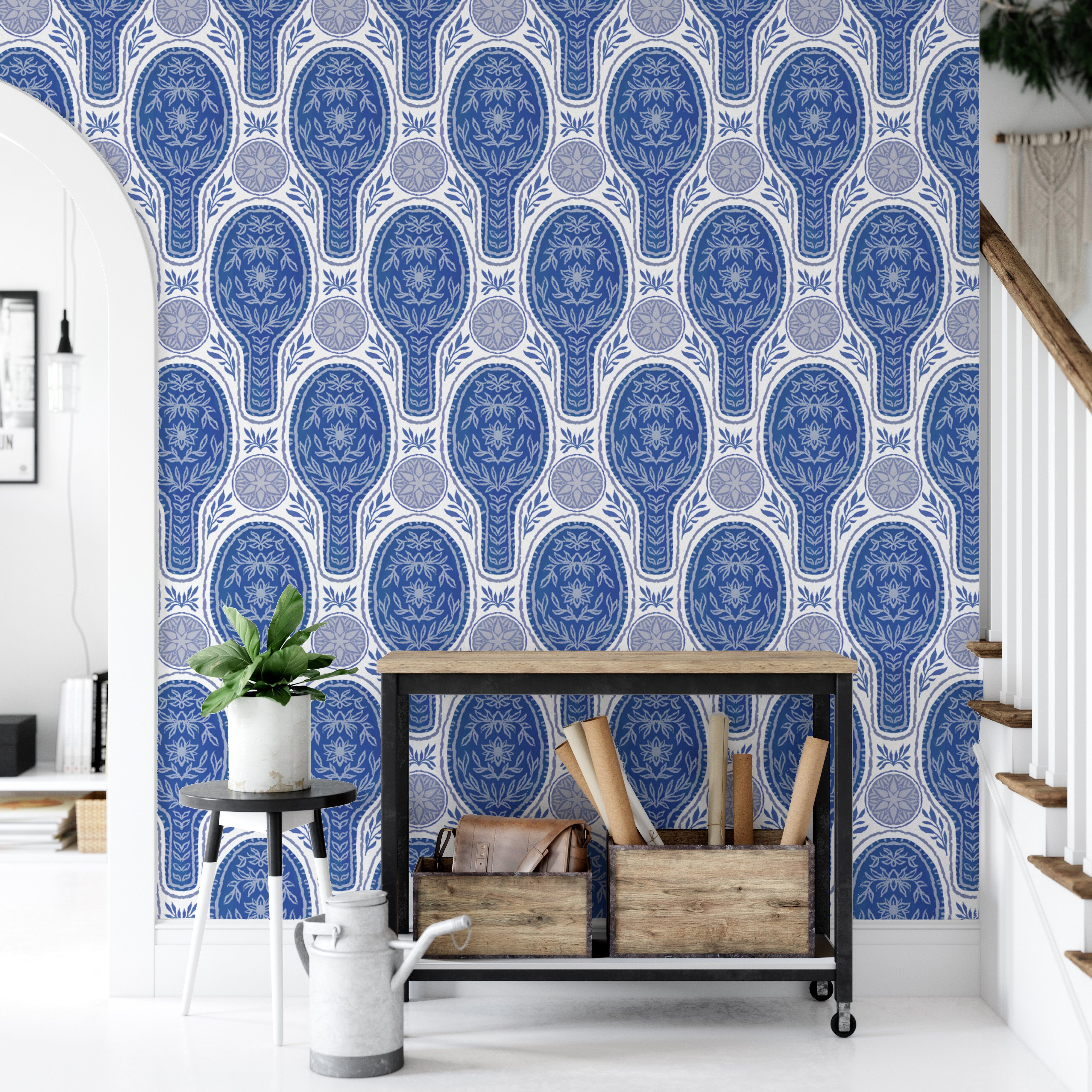 Unique blue floral rockets wallpaper for a creative wall design.
