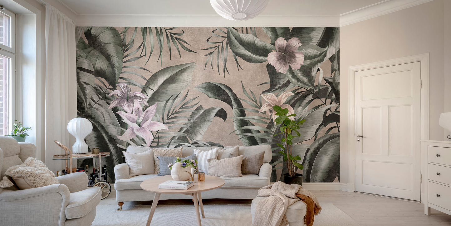 Sophisticated green leaves mural with a soft gray backdrop.
