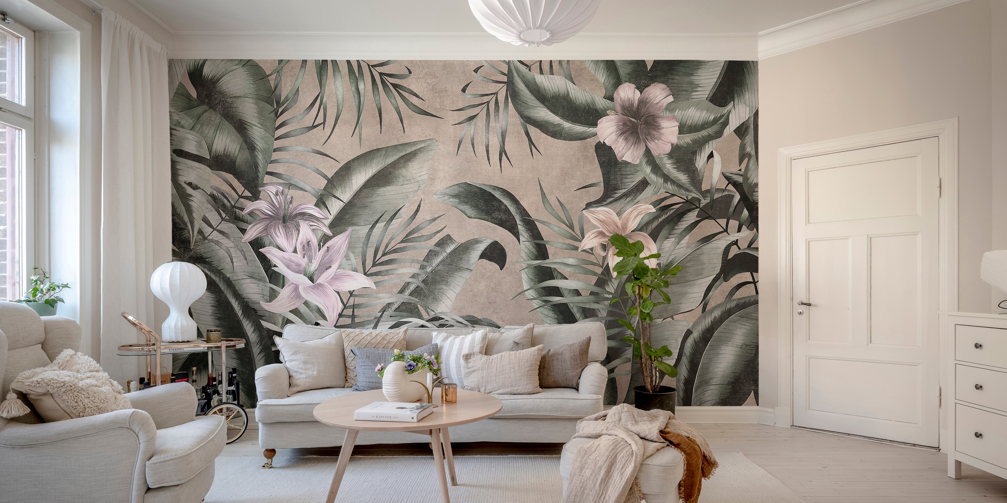 Sophisticated green leaves mural with a soft gray backdrop.
