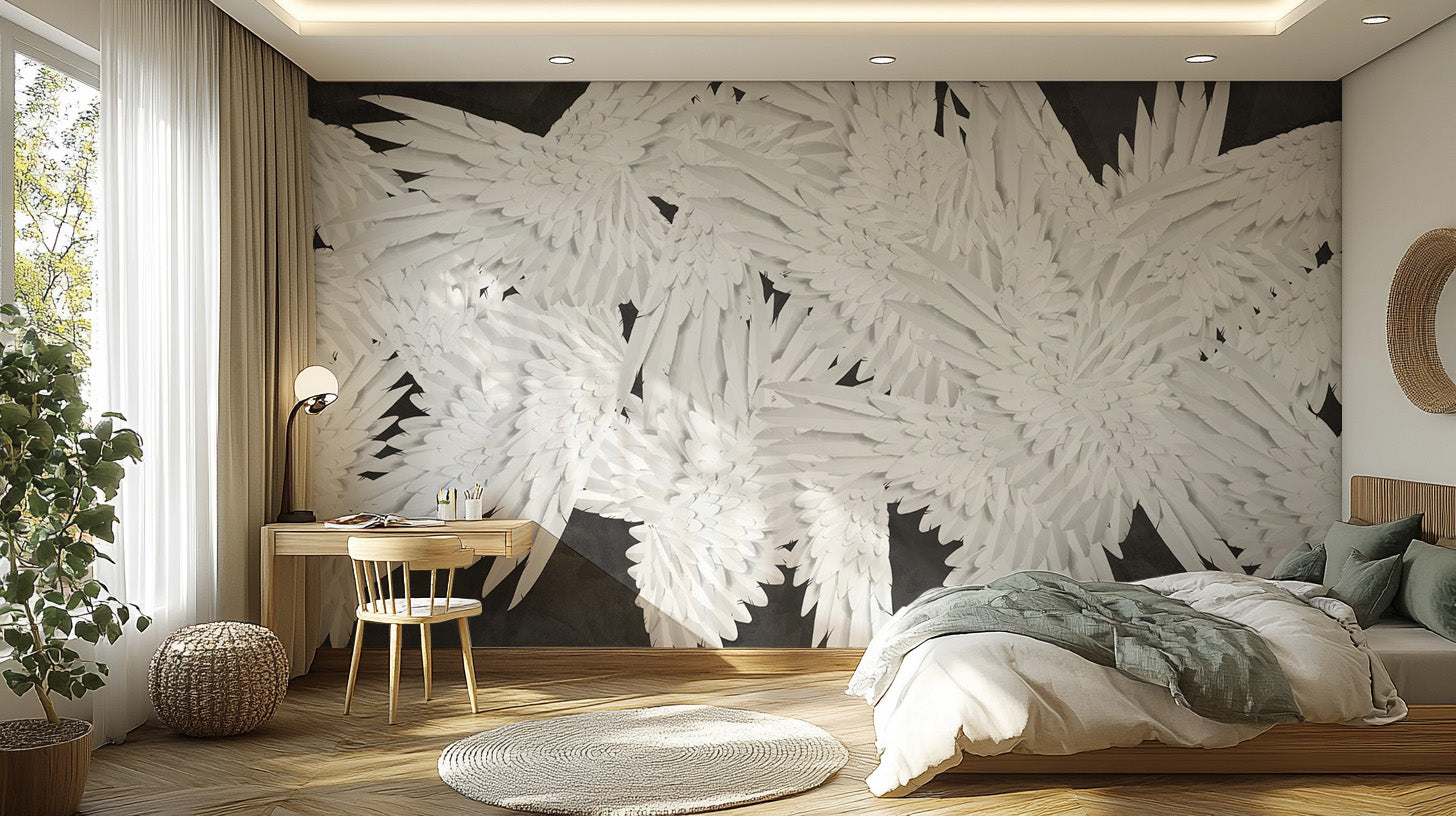 Dramatic black velvet mural with luxurious radiant patterns.
