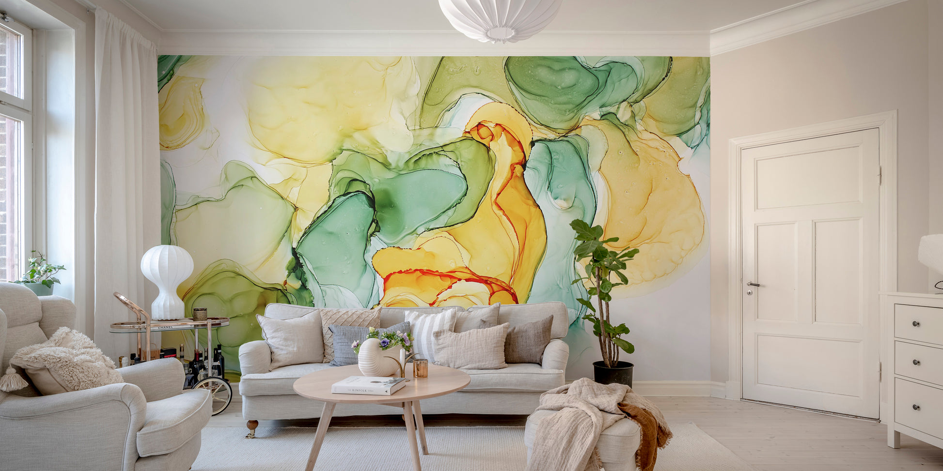 Colorful abstract art mural with an alcohol ink design for walls.
