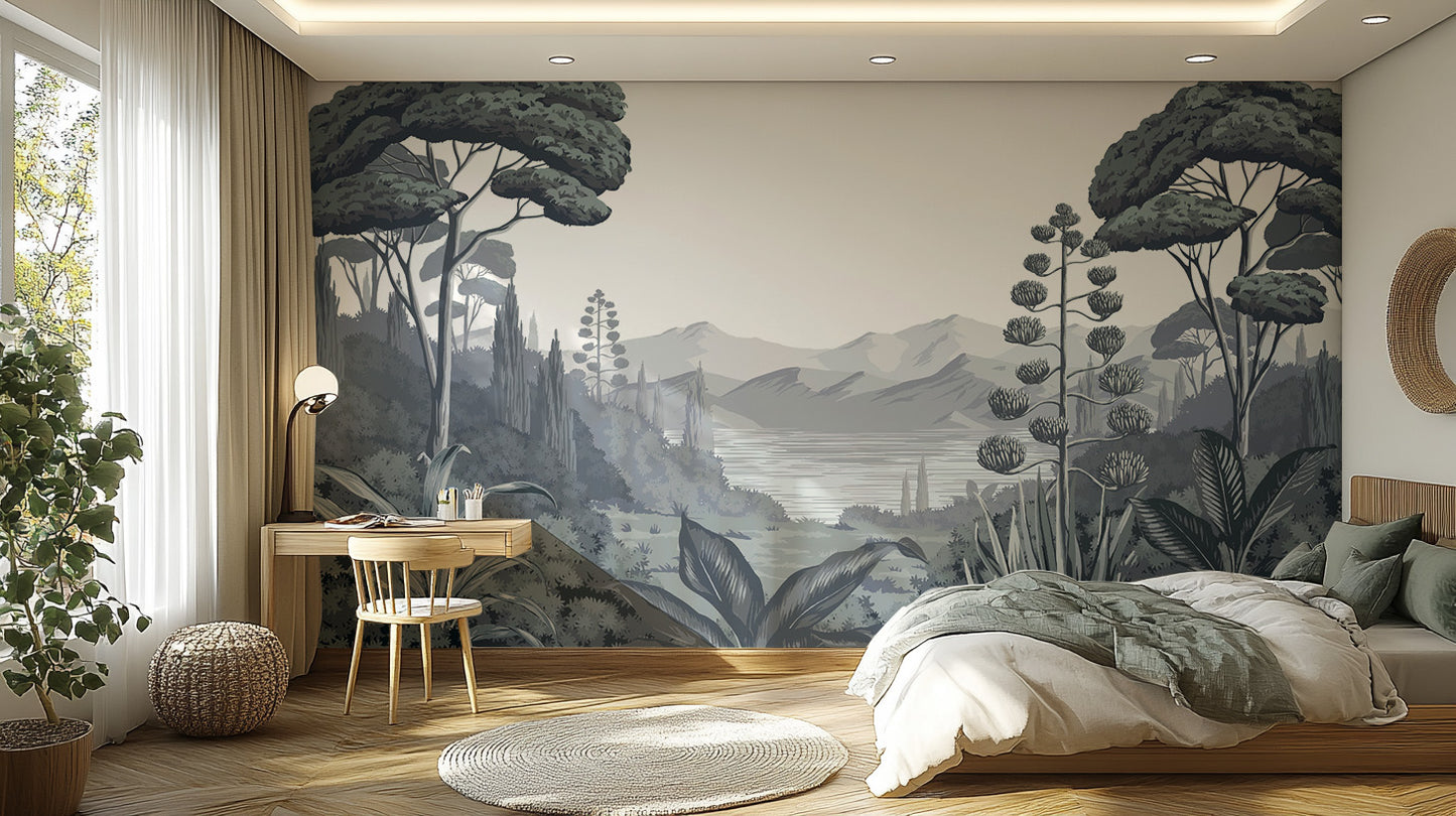 Serene nature wall mural with trees, plants, and mountains
