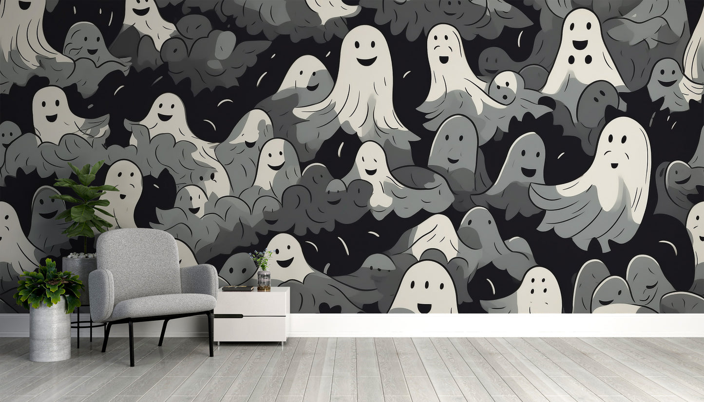 Black and White Ghosts Halloween Wallpaper