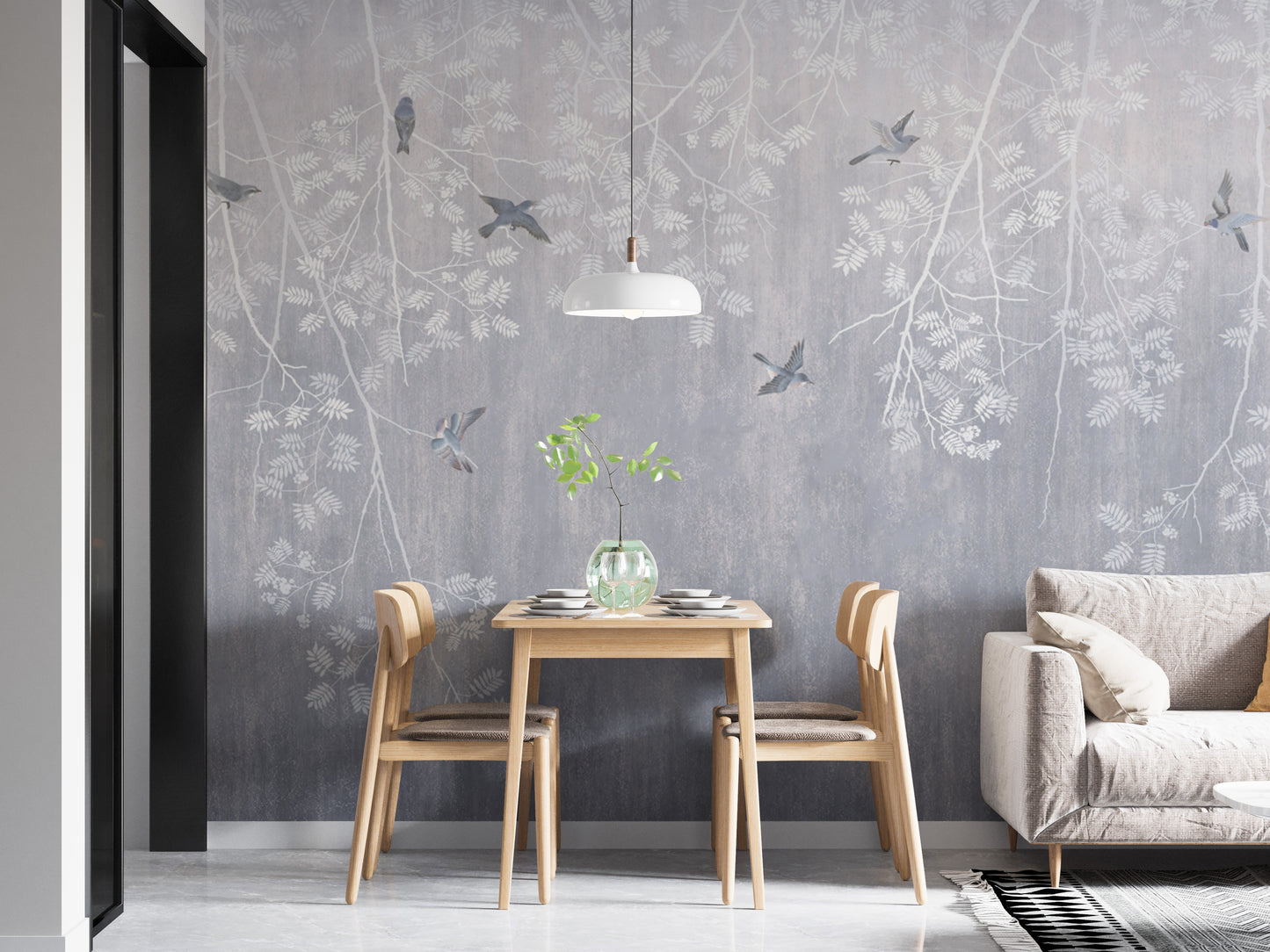 Birds on branches wallpaper with a frosted nature design
