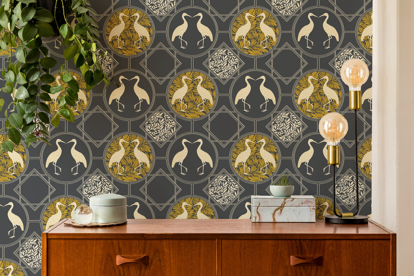 Art deco heron motif charcoal mural wallpaper
