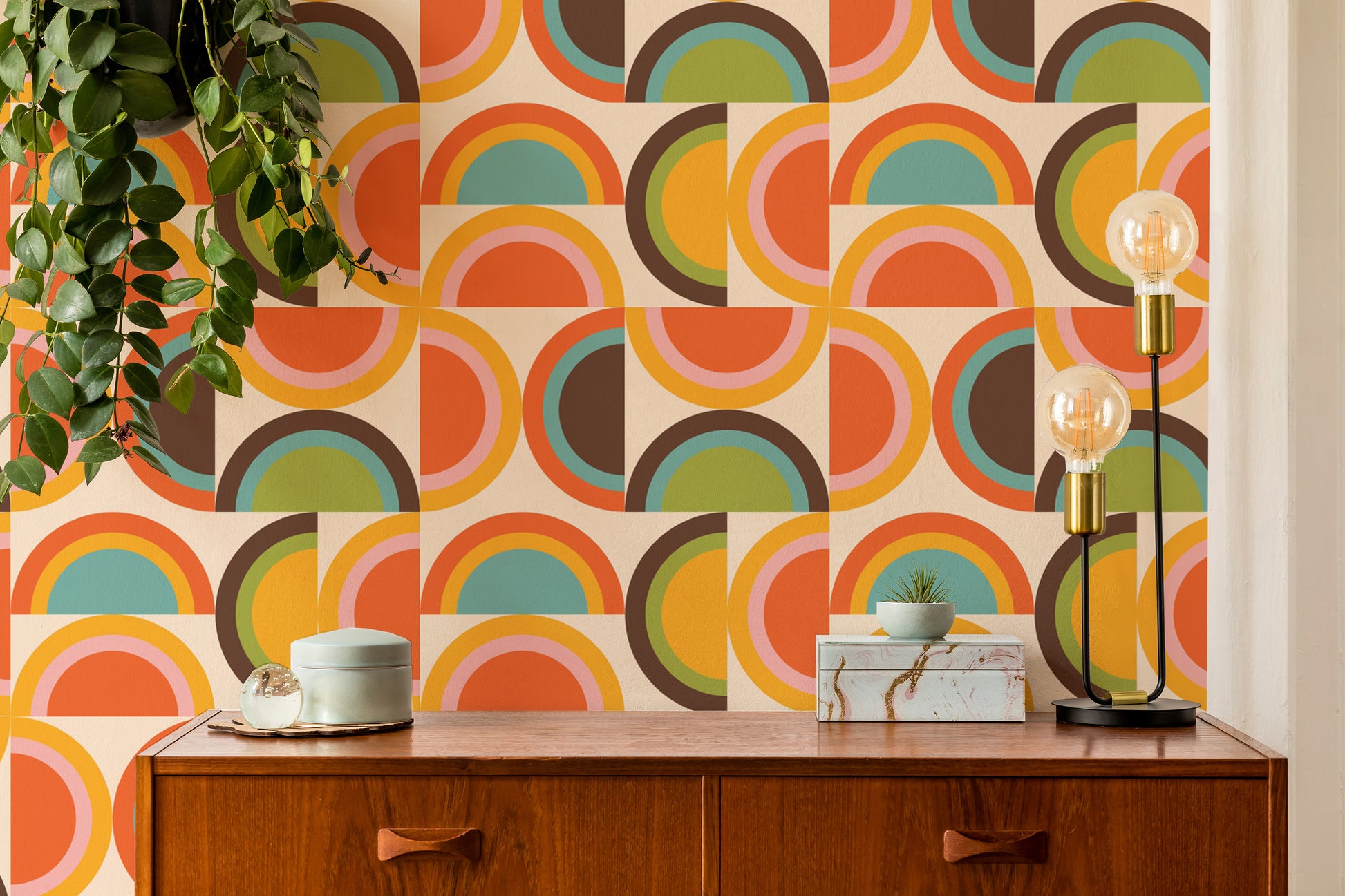 Geometric retro boho wallpaper in warm palette
