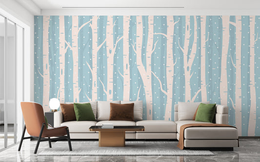 Blue winter forest wallpaper with birch trees