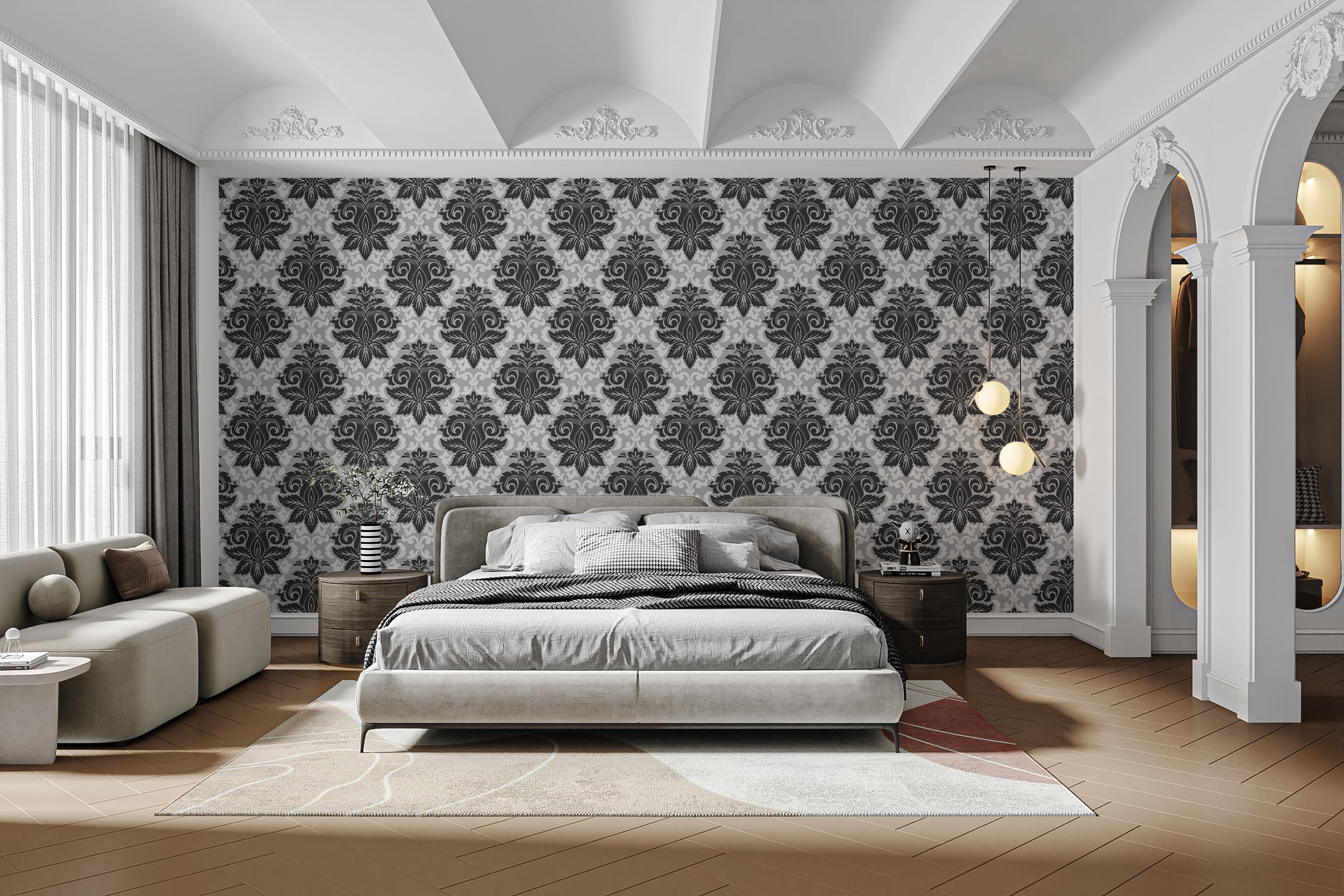 Modern black and white damask wall pattern mural
